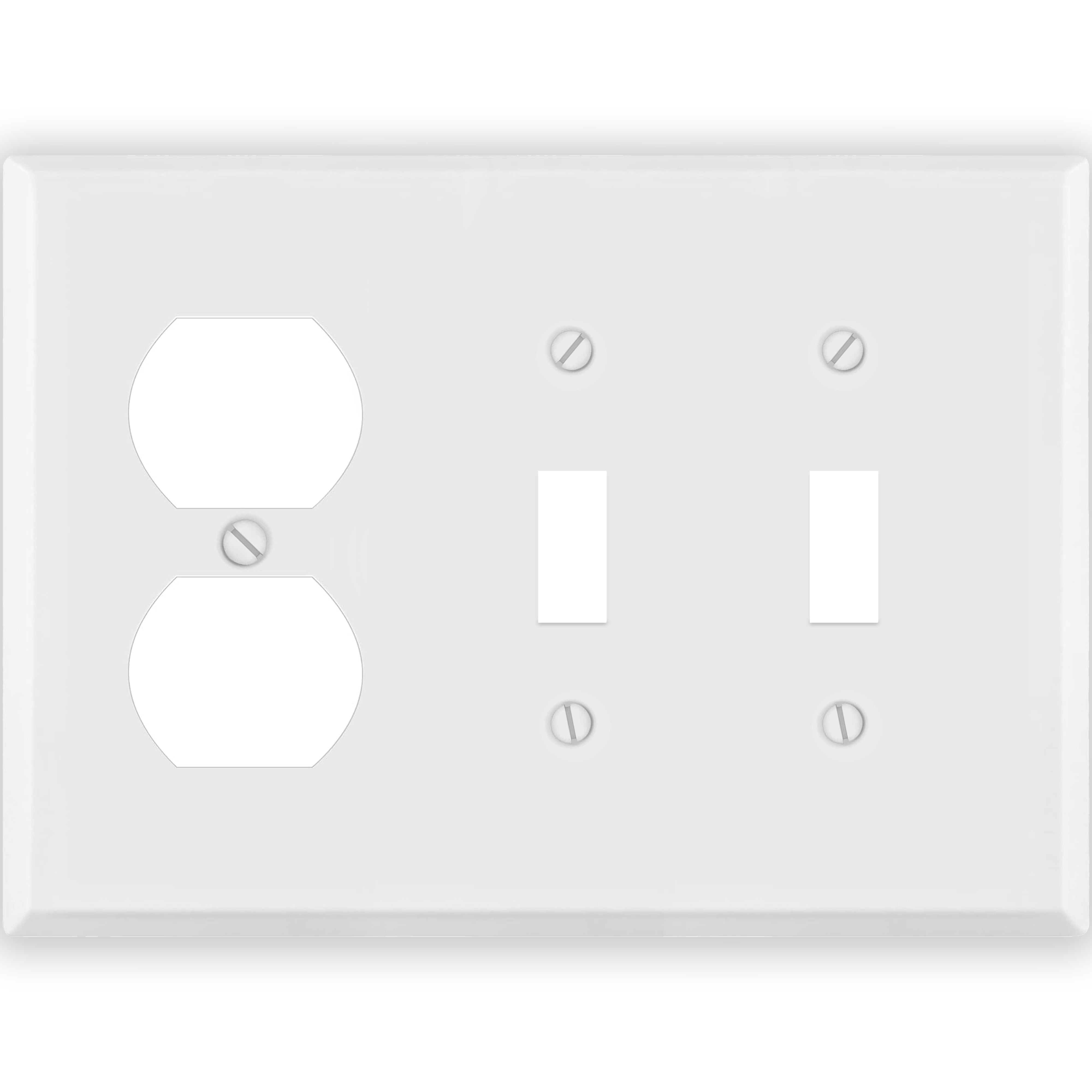 3 Gang standard size White Metal 2 toggle and 1 duplex Receptacle Wall plate
