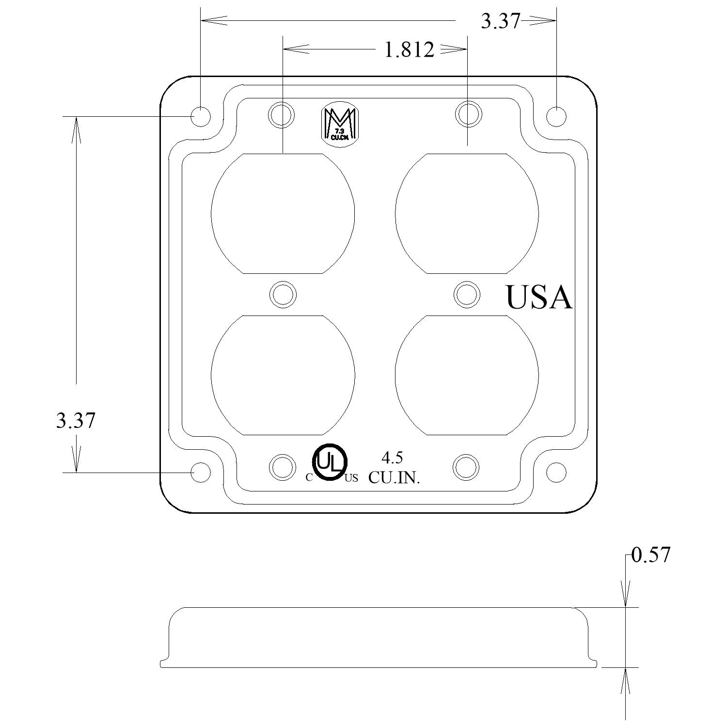 4-Inch Square Metal Box Cover, Raised 1/2 Inch, for (2) Duplex Receptacles