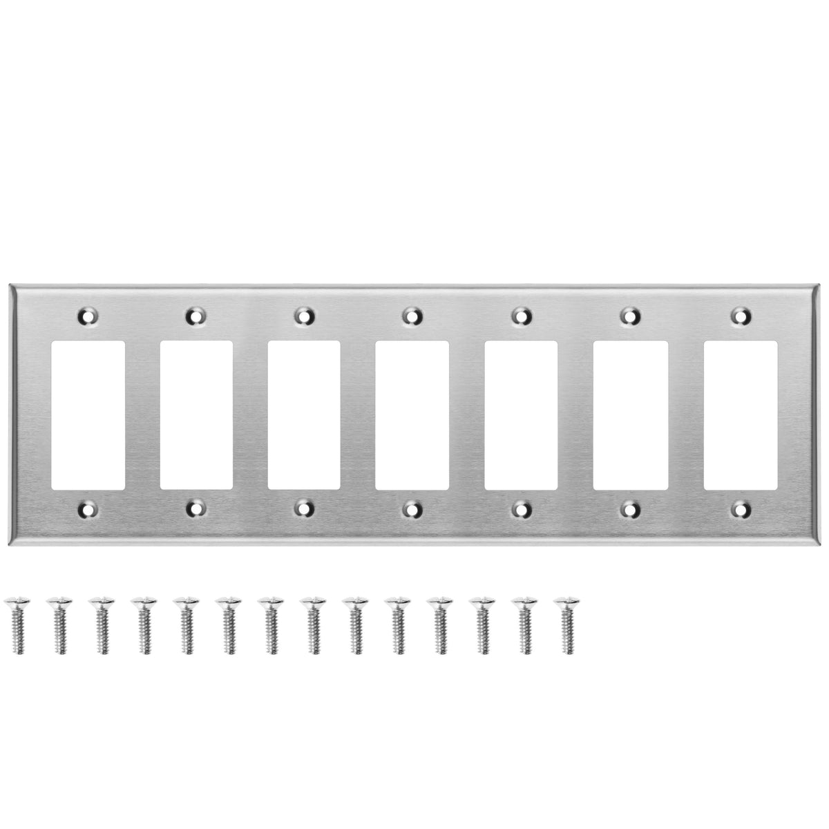 7-Gang Standard Stainless Steel Wall Plate – 7 Decora/GFCI Openings – Type 430 Satin