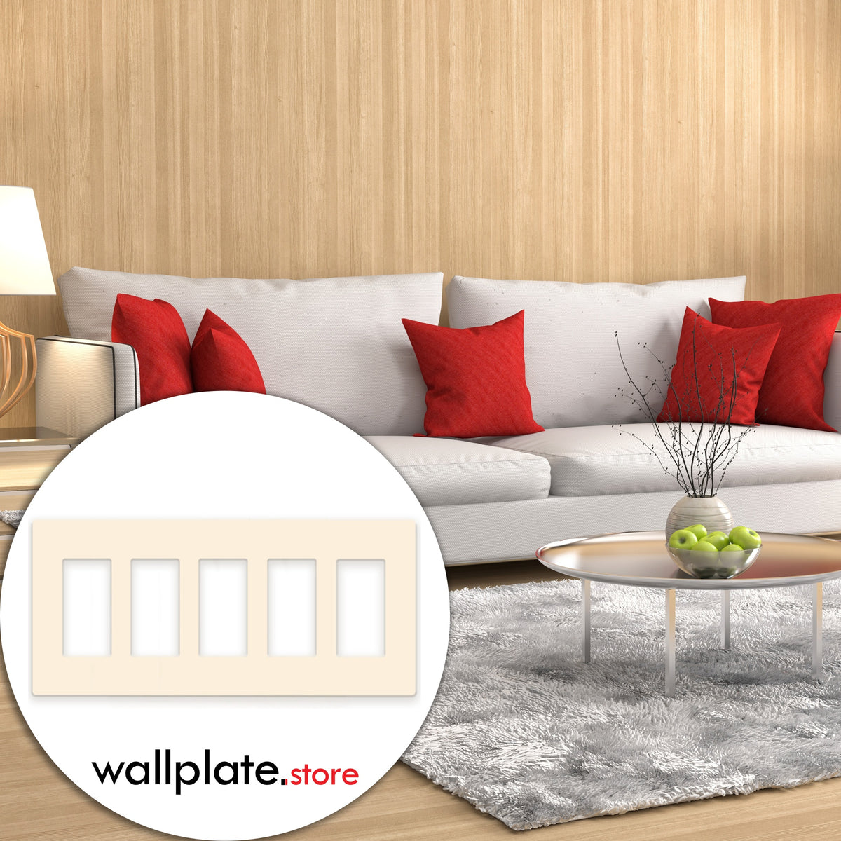 5-Gang Standard Screwless Plastic Wall Plate – 5 Decora/GFCI Openings – Light Almond