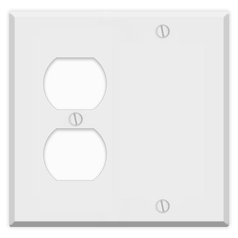 2-Gang Standard Metal Wall Plate โ 1 Duplex Receptacle + 1 Blank โ White Semi-Gloss