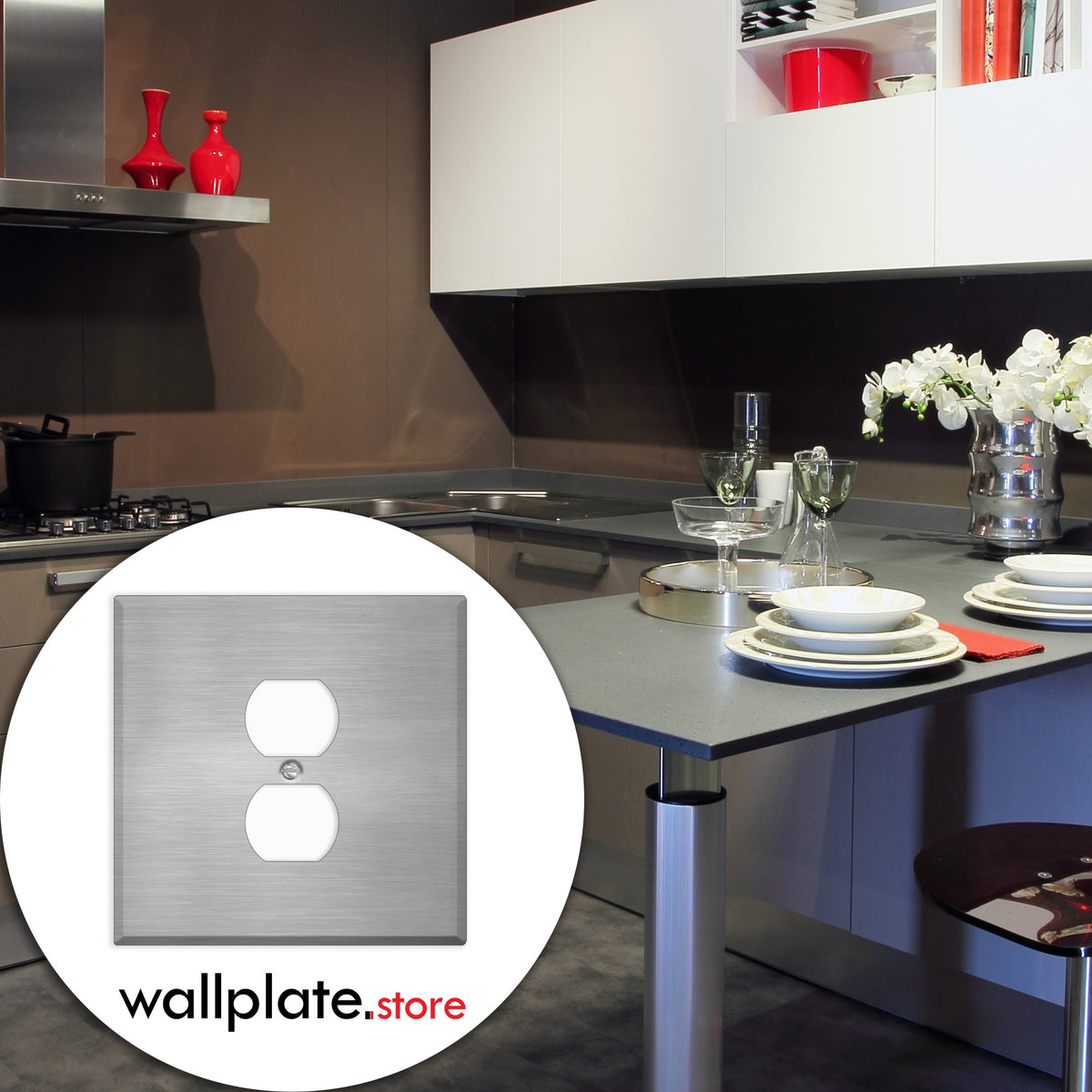 2-Gang Oversize Stainless Steel Wall Plate – 1 Centered Duplex Receptacle – Type 430 Satin