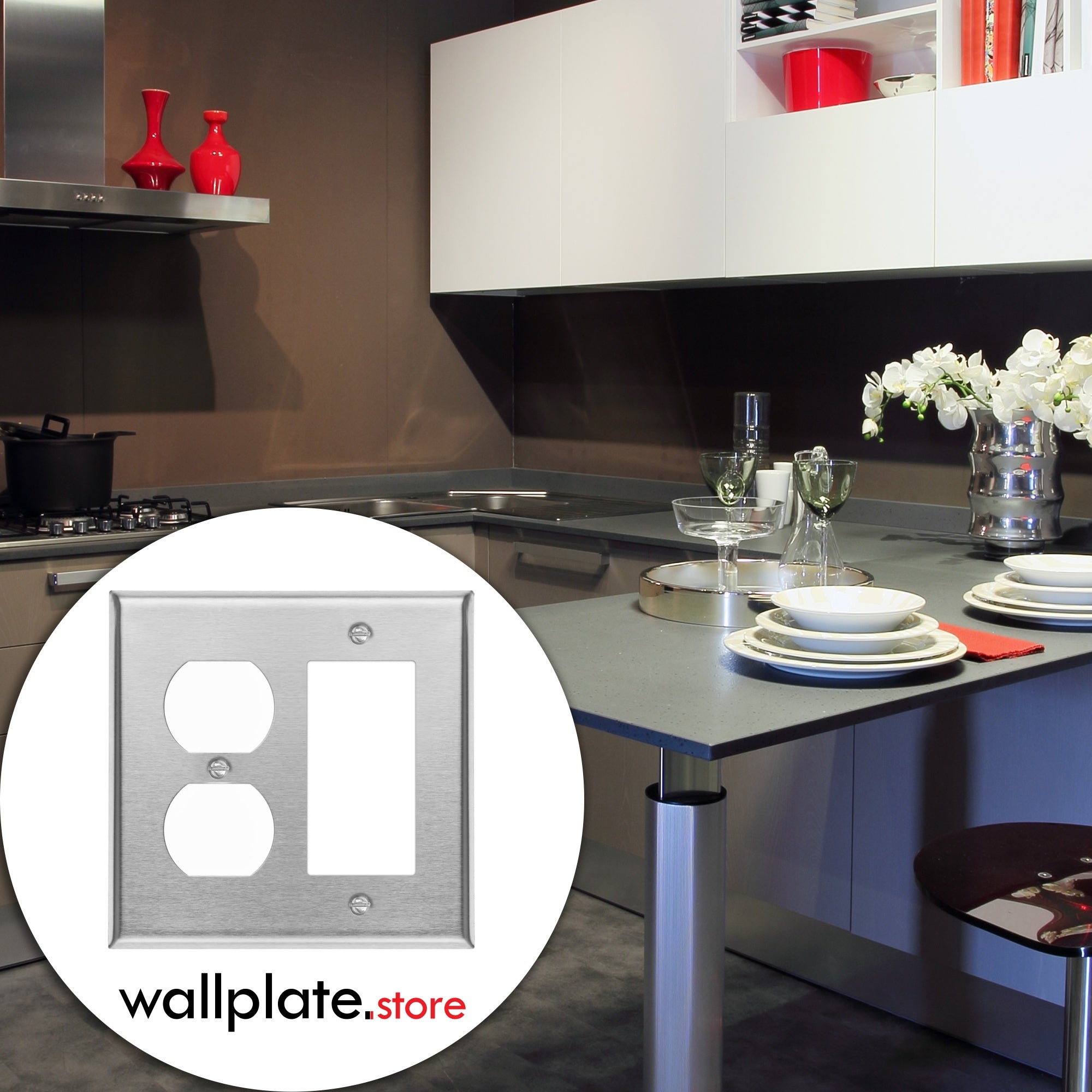 2 Gang with 1 duplex and 1 Rocker, standard size, Stainless Steel wallplate