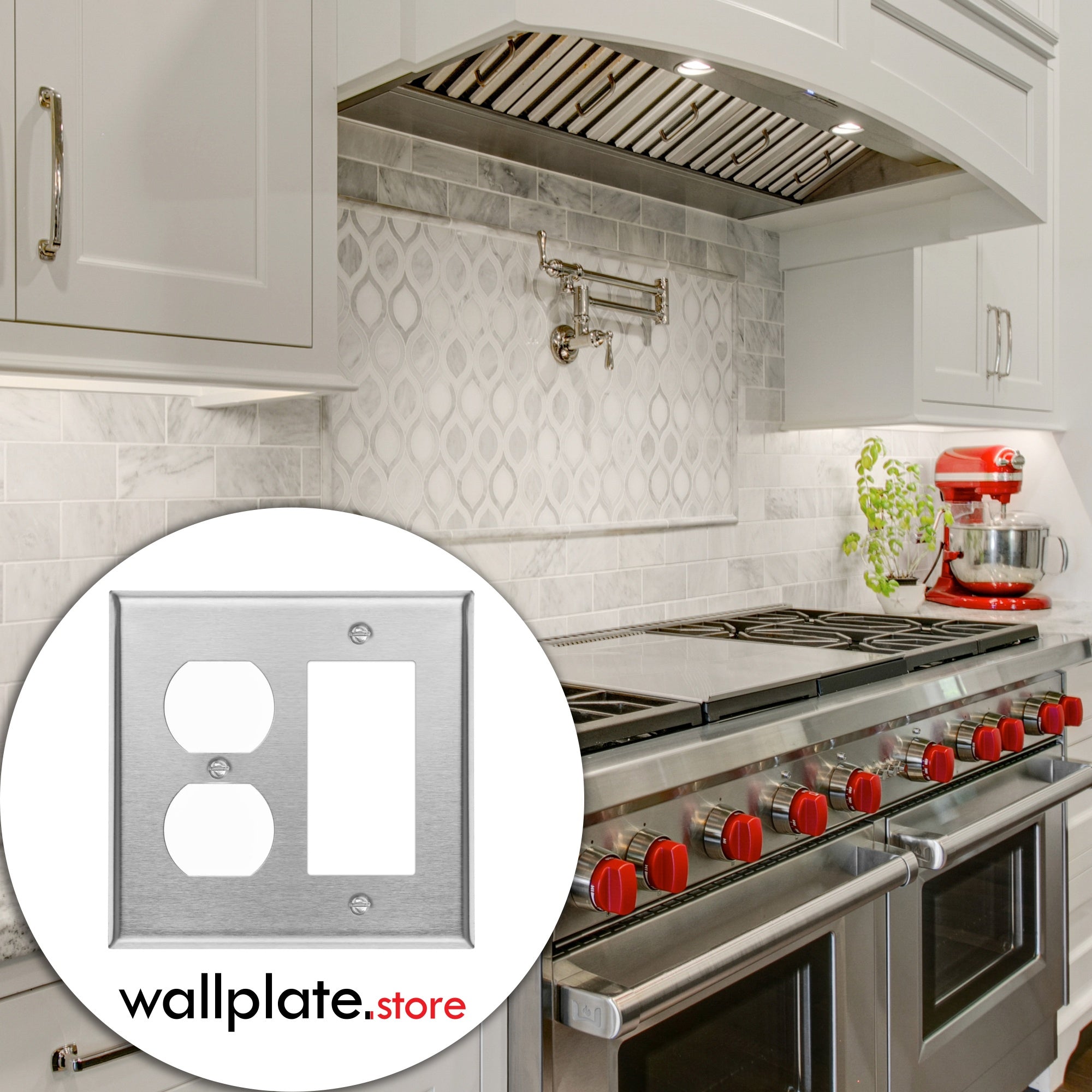 2 Gang with 1 duplex and 1 Rocker, standard size, Stainless Steel wallplate