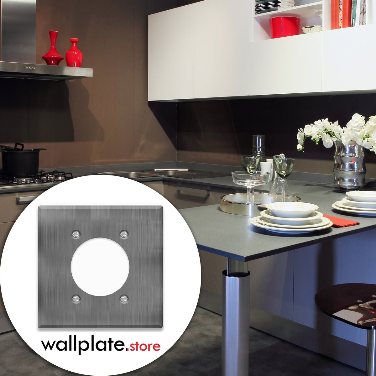 2-Gang Standard Stainless Steel Wall Plate – Centered Range/Dryer Receptacle Opening (2.125 in.) – Type 430 Satin