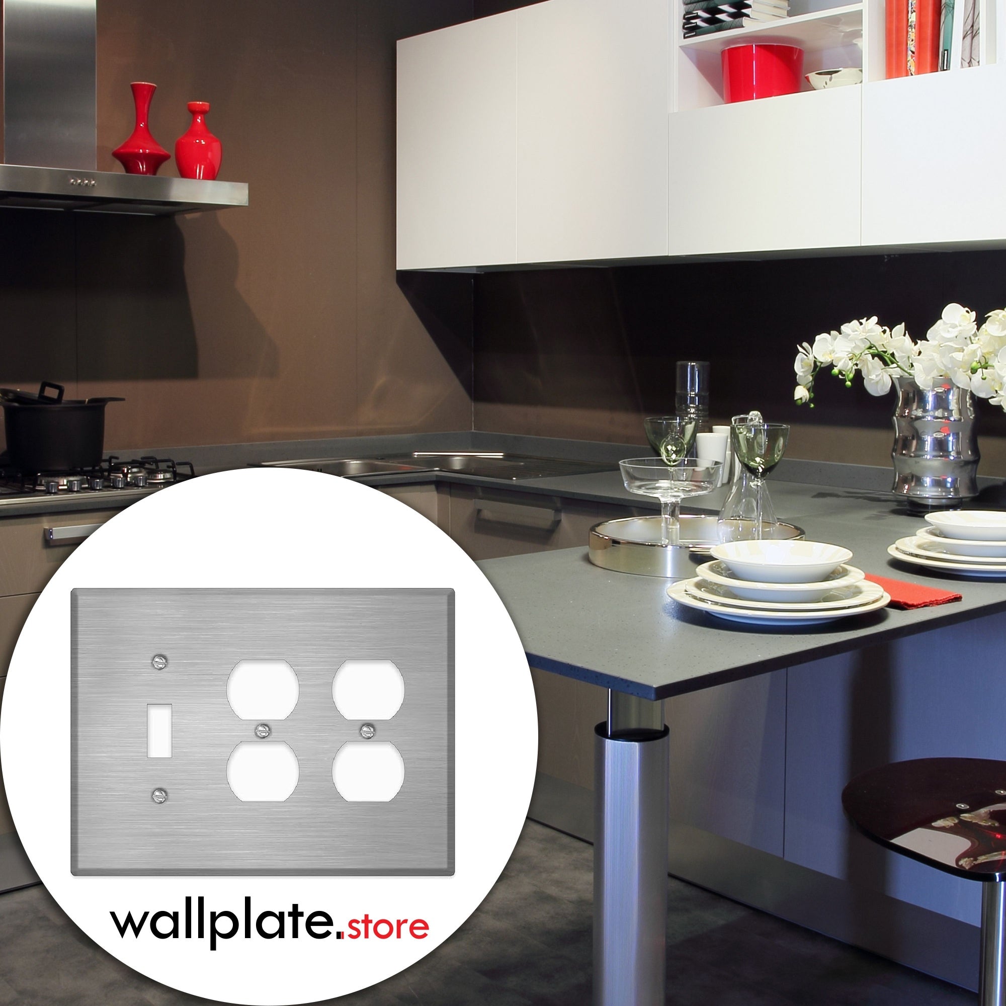 3 Gang Oversized, with 1 Toggle and 2 Duplex, Stainless Steel Wallplate