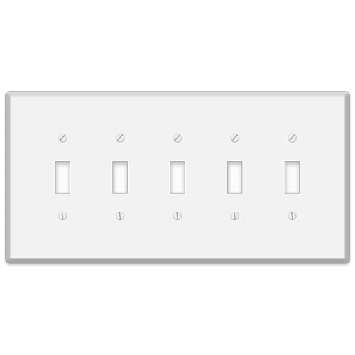 5 Gang Jumbo Oversized Toggle Switch Wall Plate Cover - White Metal - Made in USA