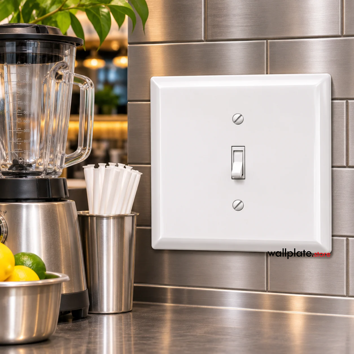 2-Gang Oversize Metal Wall Plate – 1 Centered Toggle Opening – White Semi-Gloss installed in kitchen over the counter area