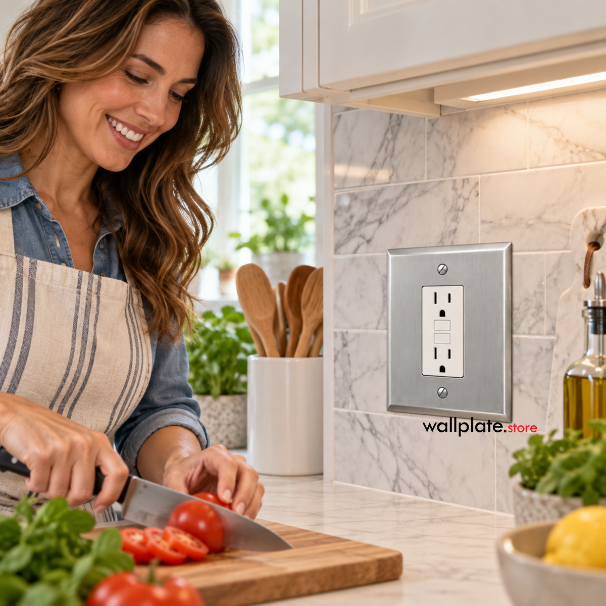 2-gang jumbo oversized satin stainless steel wall plate with centered GFCI outlet installed on a marble tile kitchen backsplash.