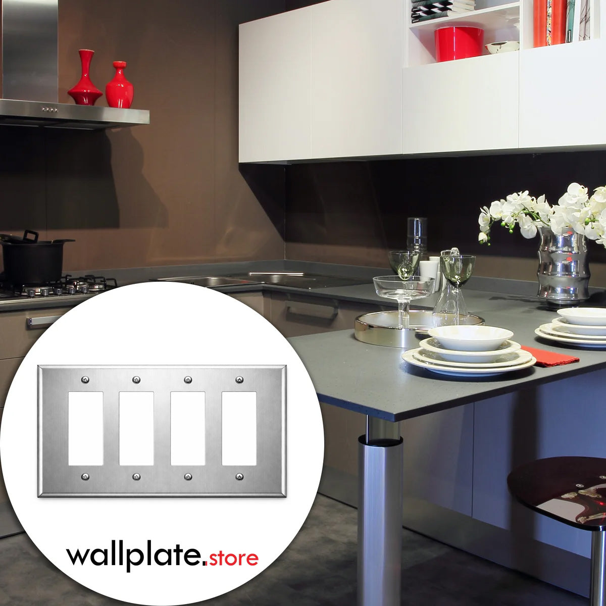 4 Gang Jumbo Oversize Wall Plate Outlet Cover Switch Plate – Compatible with Decora® Devices – Stainless Steel – Made in USA