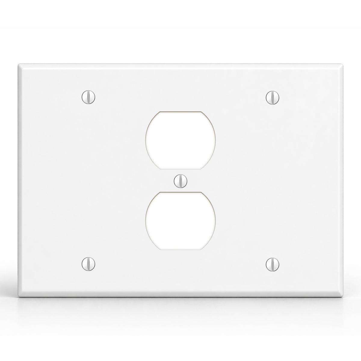 3-Gang, Standard Size, 1 Blank, 1 Duplex and 1 Blank, White Semi-Gloss Finish Plate Cover - Made in USA