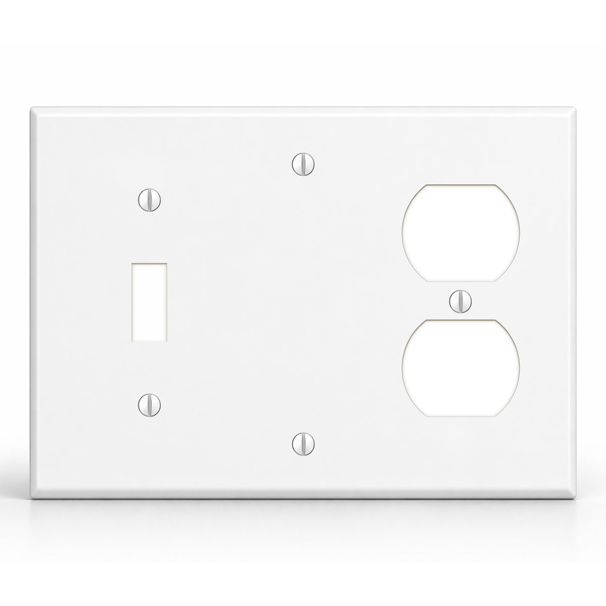 3-Gang, Standard Size, 1 Toggle Switch, 1 Blank and 1 Duplex Receptacles, White Semi-Gloss Finish Plate Cover - Made in USA