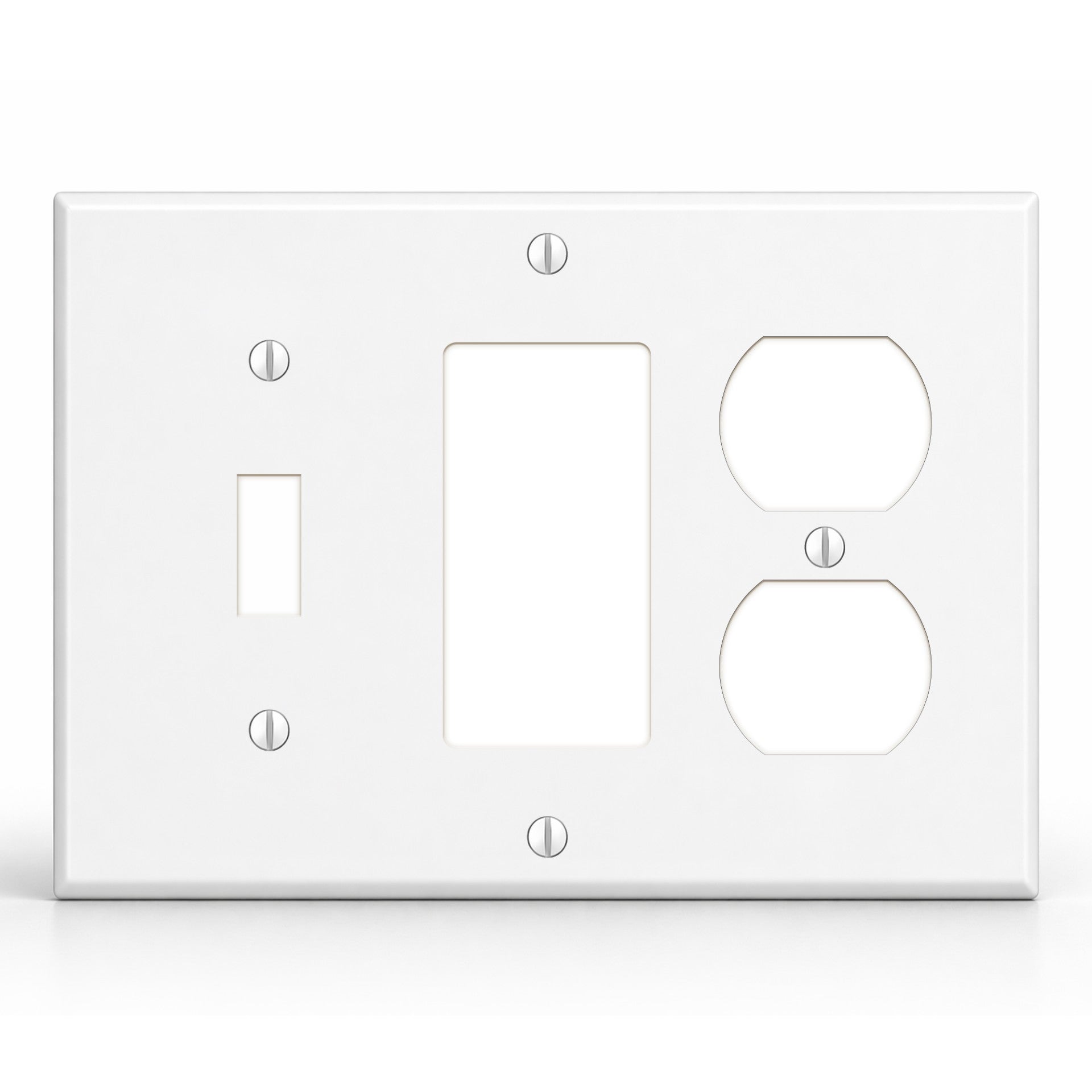 3-Gang, Standard Size, 1 Toggle Switch, 1 Single Rocker/GFI and 1 Duplex Receptacle, White Semi-Gloss Finish Plate Cover - Made in USA