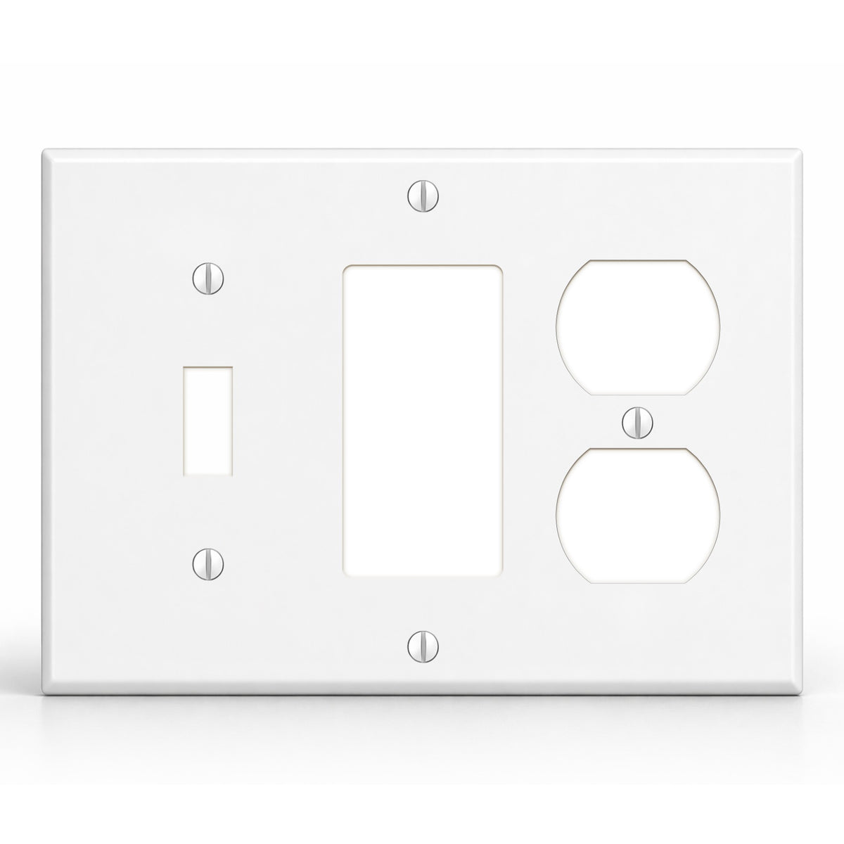 3-Gang, Standard Size, 1 Toggle Switch, 1 Single Rocker/GFI and 1 Duplex Receptacle, White Semi-Gloss Finish Plate Cover - Made in USA