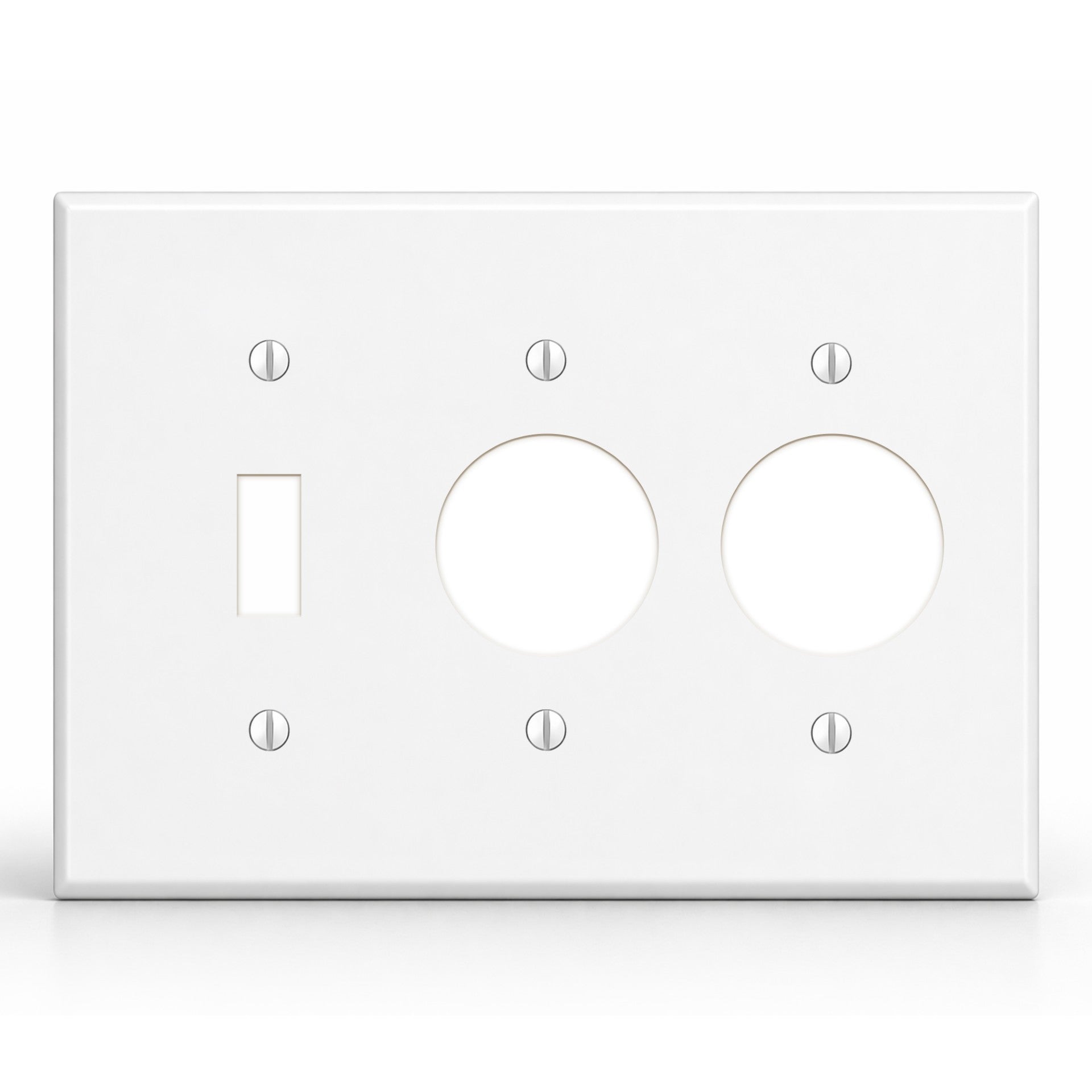 3-Gang, Standard Size, 1 Toggle Switch and 2 Single Round Receptacles, White Semi-Gloss Finish Plate Cover - Made in USA