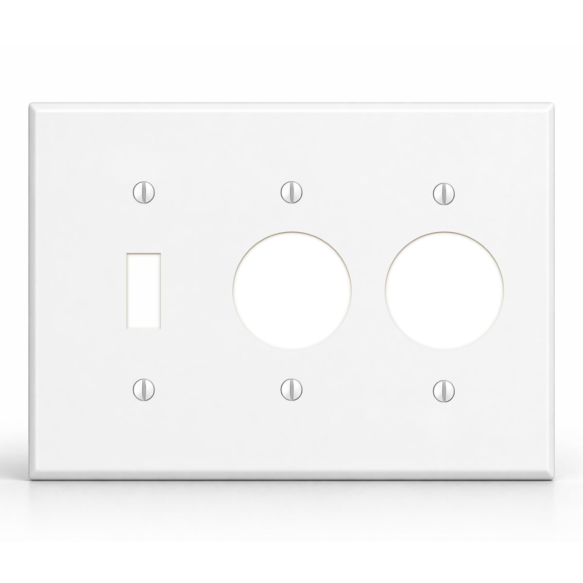 3-Gang, Standard Size, 1 Toggle Switch and 2 Single Round Receptacles, White Semi-Gloss Finish Plate Cover - Made in USA