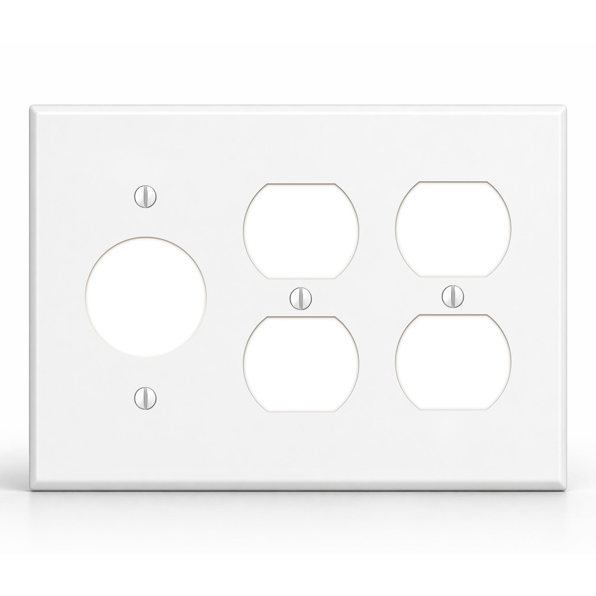 3-Gang, Standard Size, 1 Single Round Receptacle and 2 Duplex Receptacles, White Semi-Gloss Finish Plate Cover - Made in USA