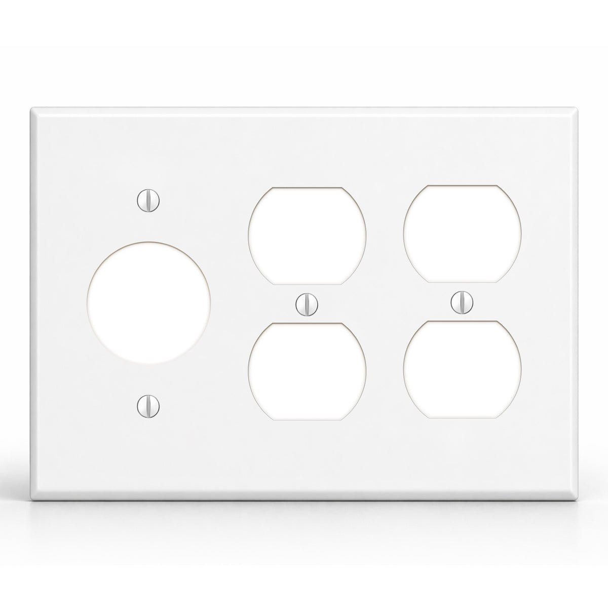 3-Gang, Standard Size, 1 Single Round Receptacle and 2 Duplex Receptacles, White Semi-Gloss Finish Plate Cover - Made in USA
