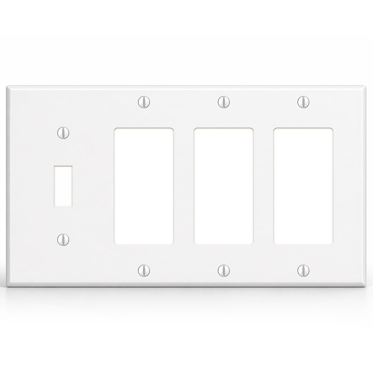 4-Gang, Standard Size, 1 Toggle Switch and 3 Rocker Switches, White Semi-Gloss Finish Wall Plate Outlet Cover - Made in USA