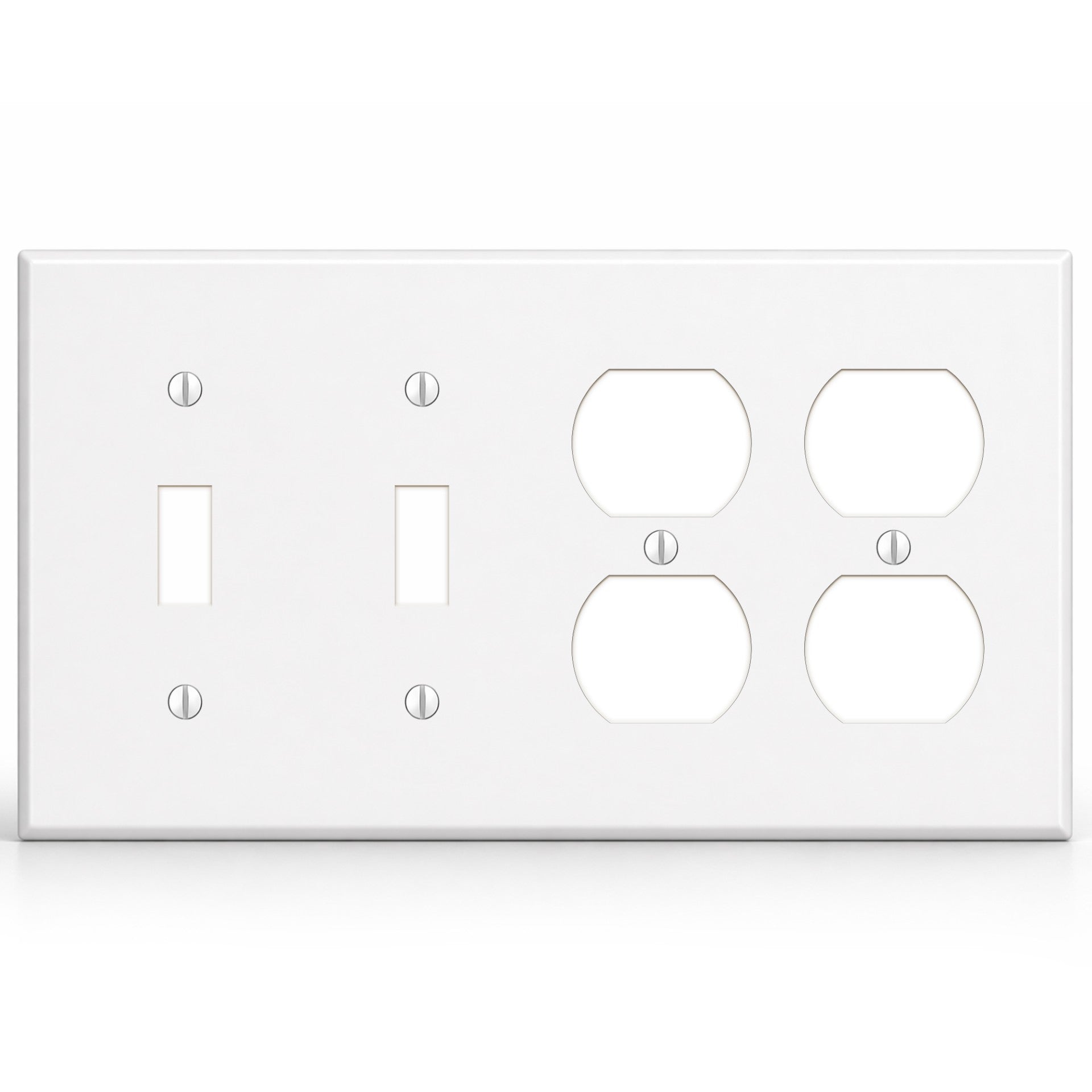 4-Gang, Standard Size, 2 Toggle Switches and 2 Duplex Recepacles, White Semi-Gloss Finish Wall Plate Outlet Cover - Made in USA