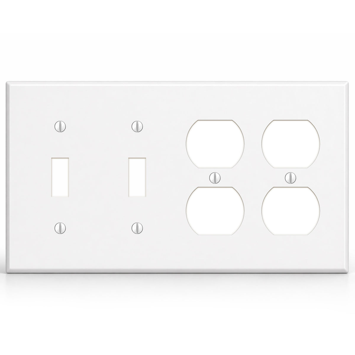 4-Gang, Standard Size, 2 Toggle Switches and 2 Duplex Recepacles, White Semi-Gloss Finish Wall Plate Outlet Cover - Made in USA