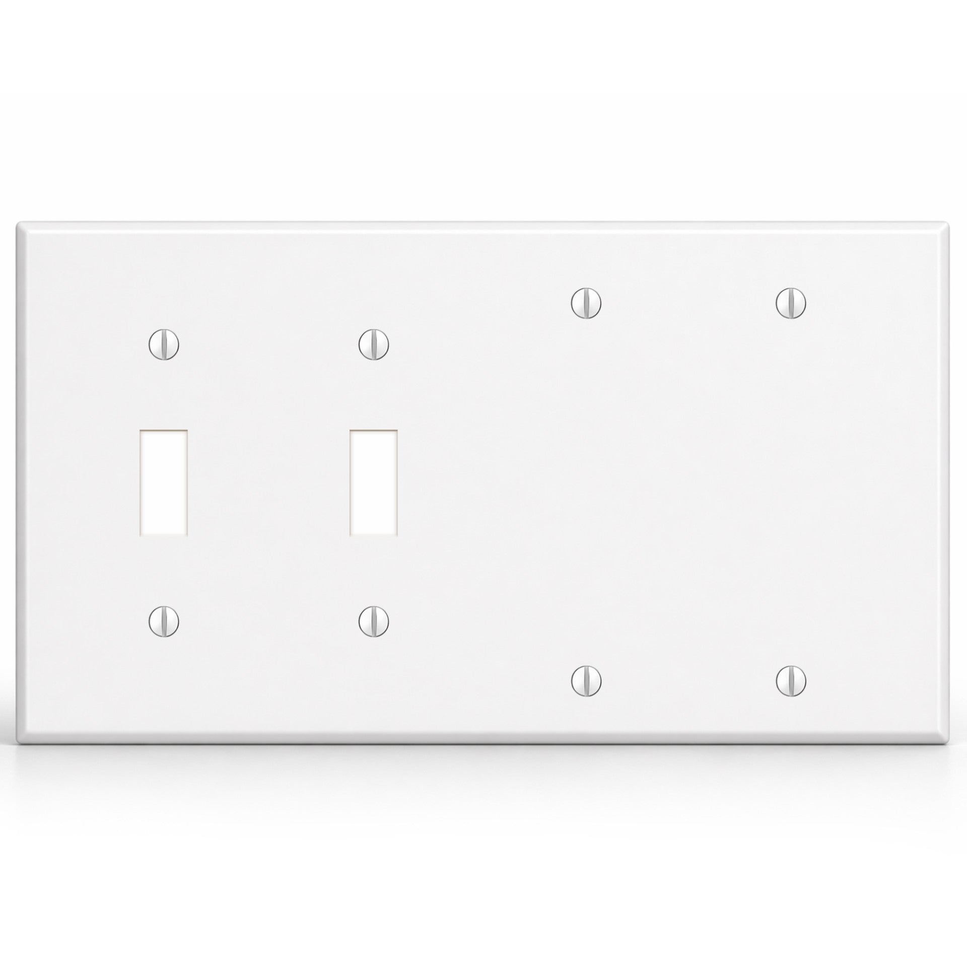 4-Gang, Standard Size, 2 Toggle Switches and 2 Blanks, White Semi-Gloss Finish Wall Plate Outlet Cover - Made in USA
