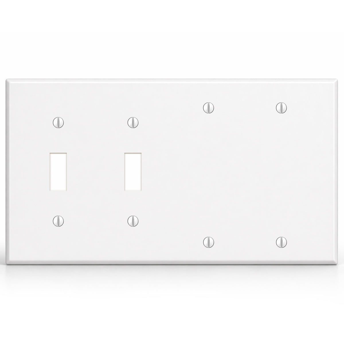 4-Gang, Standard Size, 2 Toggle Switches and 2 Blanks, White Semi-Gloss Finish Wall Plate Outlet Cover - Made in USA