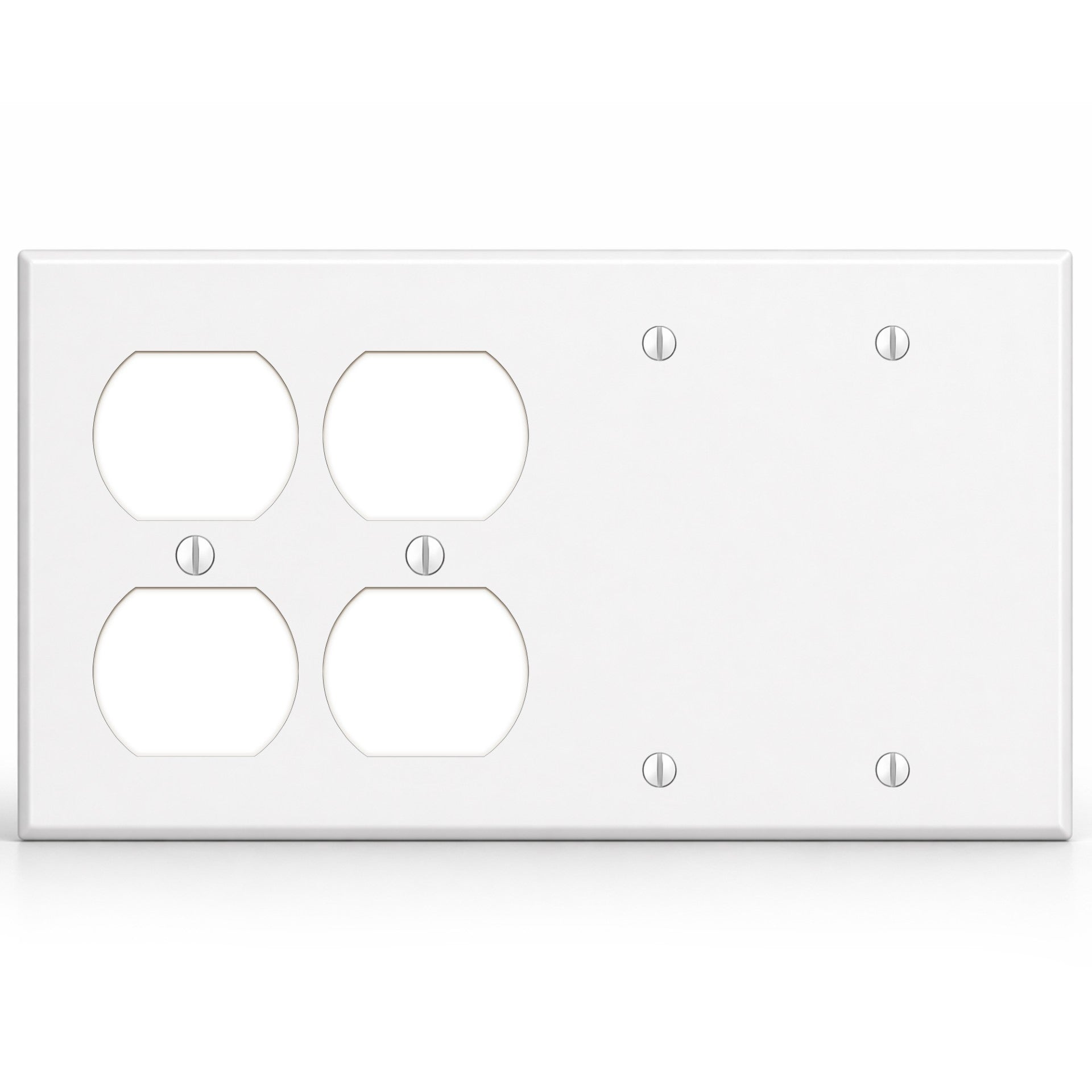 4-Gang, Standard Size, 2 Duplex Receptacles and 2 Blanks, White Semi-Gloss Finish Wall Plate Outlet Cover - Made in USA