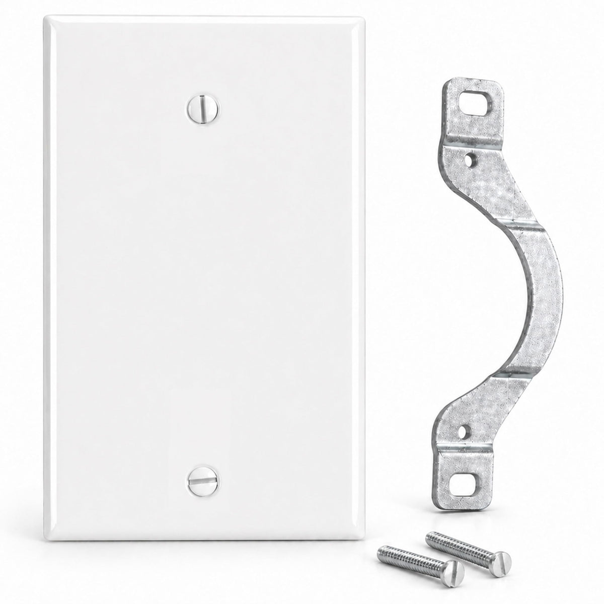 1-Gang, Standard Size, Blank with Mounting Strap, White Semi-Gloss Metal Wall Plate Cover - Made in USA