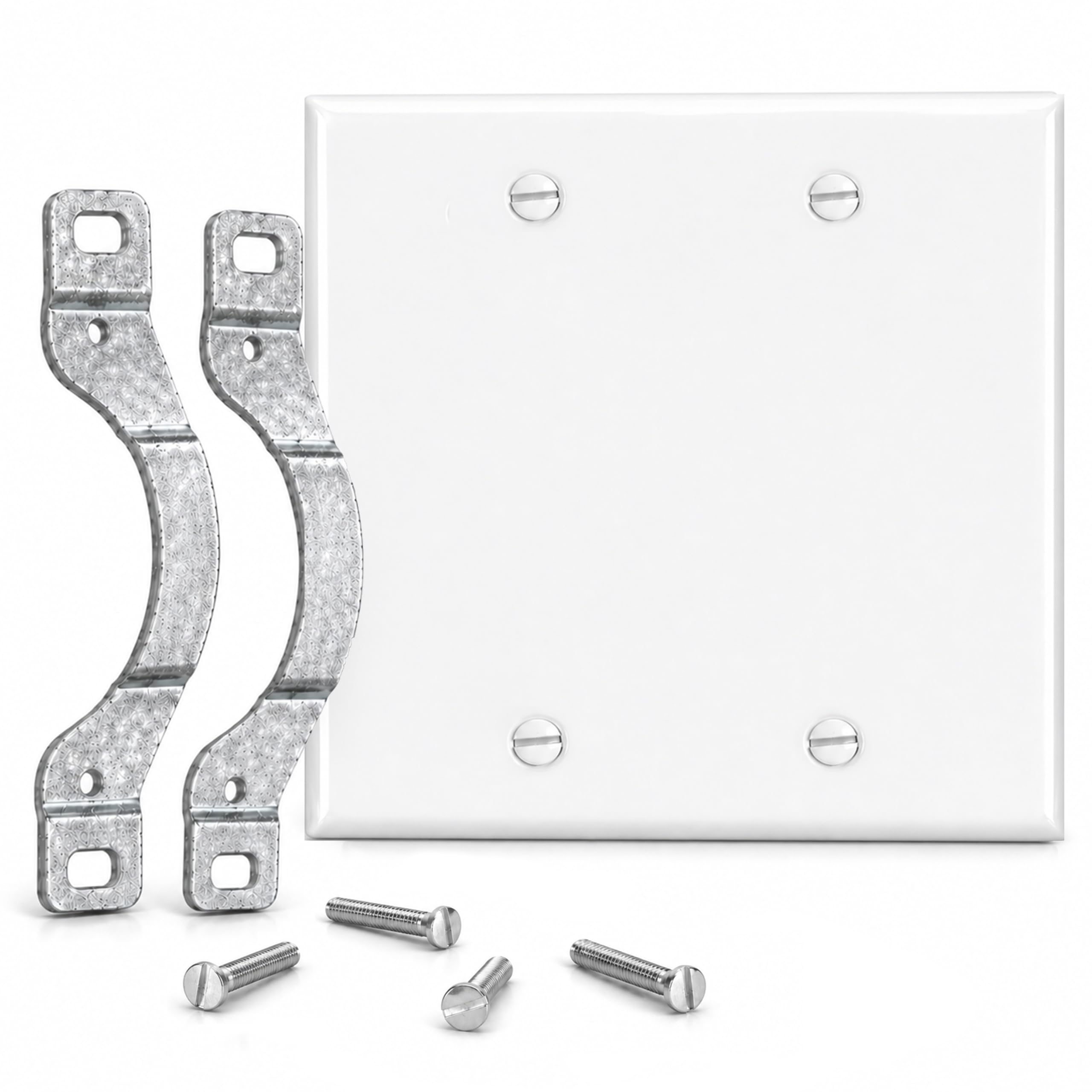 2-Gang, Standard Size, Blank with 2 Mounting Straps, White Semi-Gloss Metal Wall Plate Cover - Made in USA