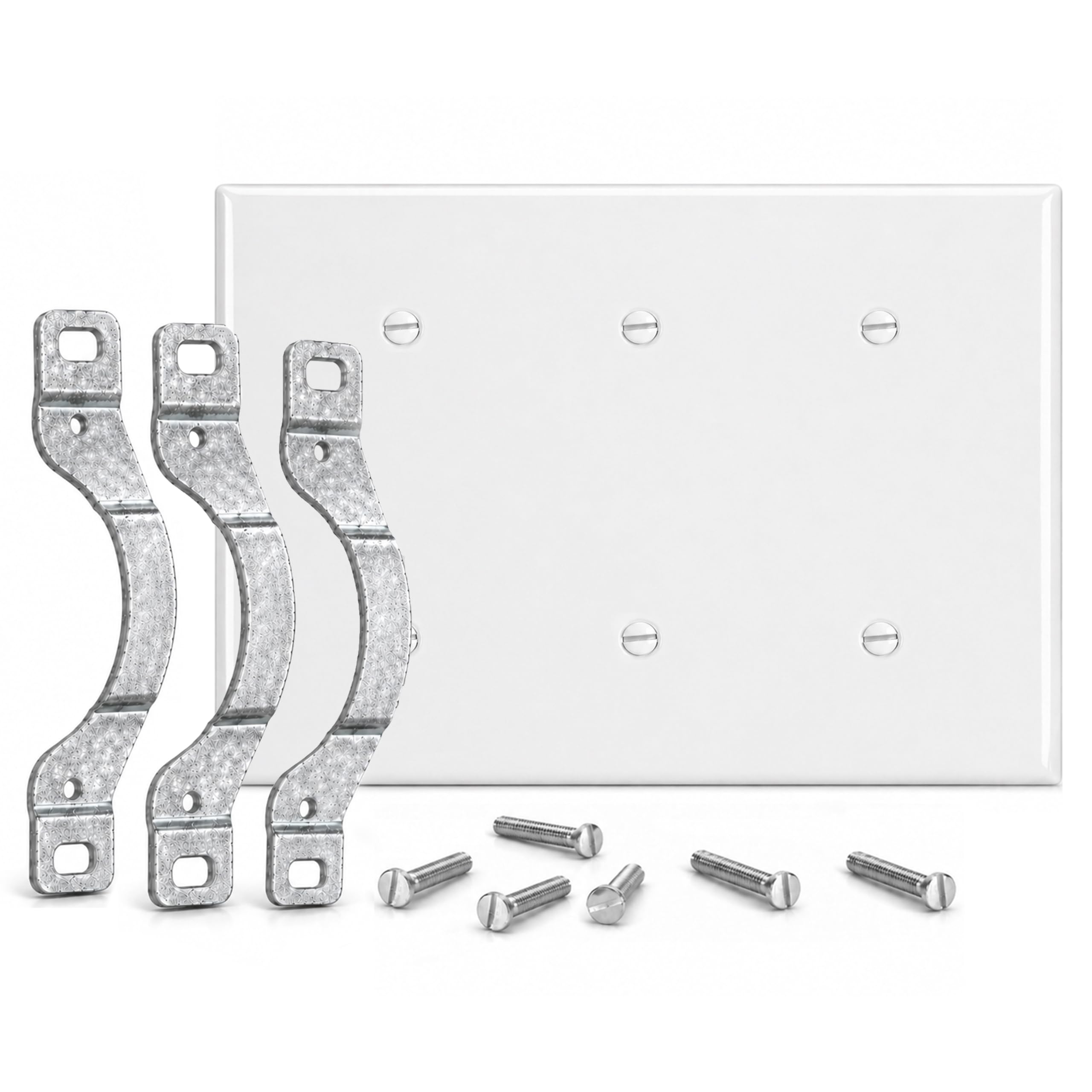 3-Gang, Standard Size, Blank with 3 Mounting Straps, White Semi-Gloss Metal Wall Plate Cover - Made in USA