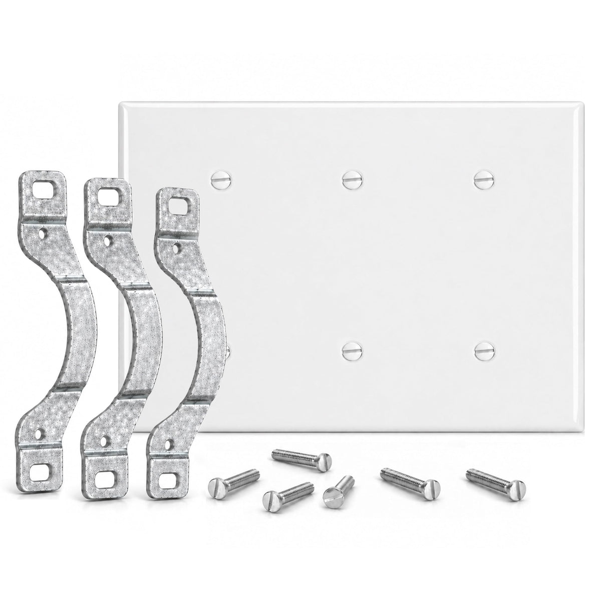 3-Gang, Standard Size, Blank with 3 Mounting Straps, White Semi-Gloss Metal Wall Plate Cover - Made in USA