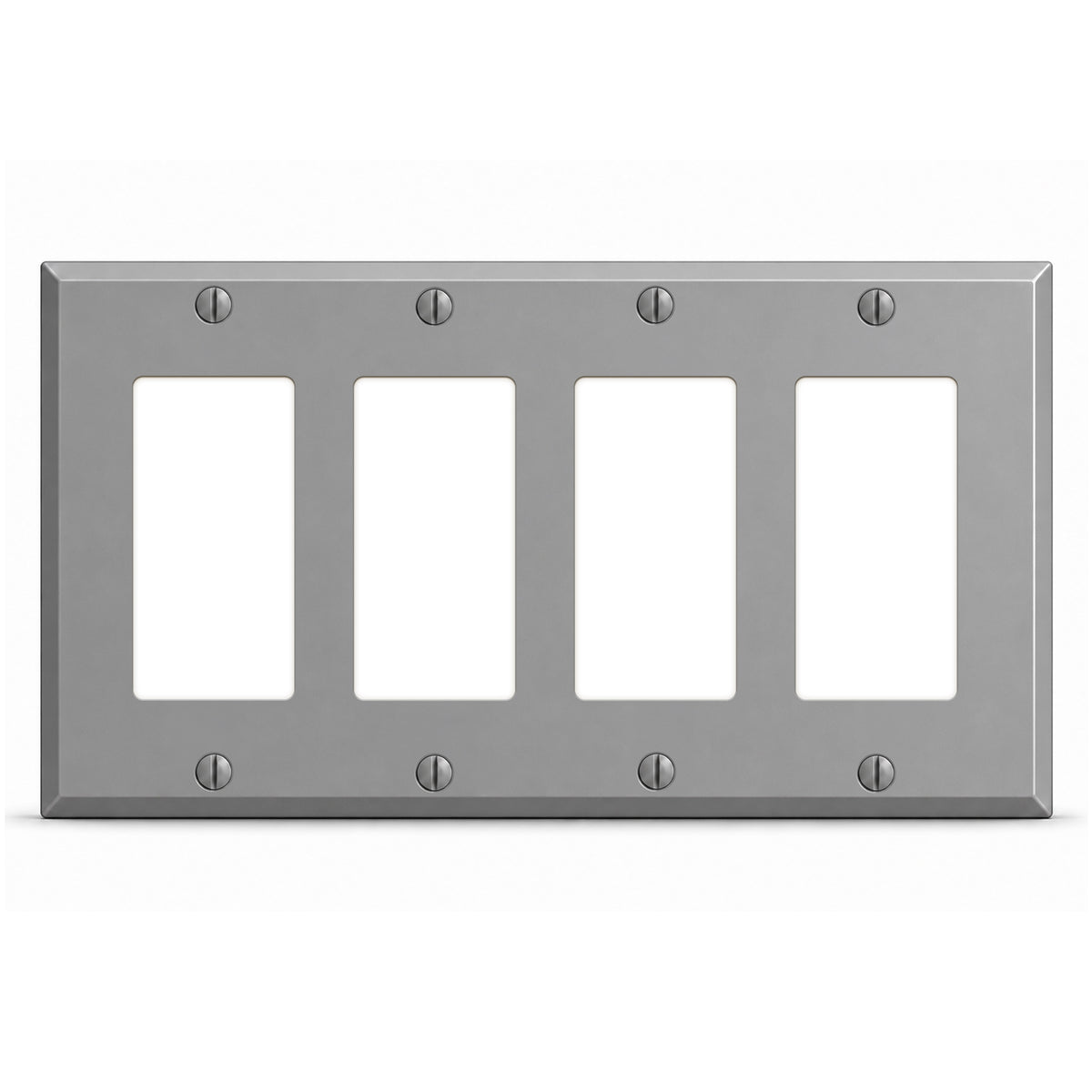 4-Gang, Standard Size, 4 GFI/Block Duplex Openings, Gray Semi-Gloss Finish, Painted Metal Wall Plate Outlet Cover - Made in USA