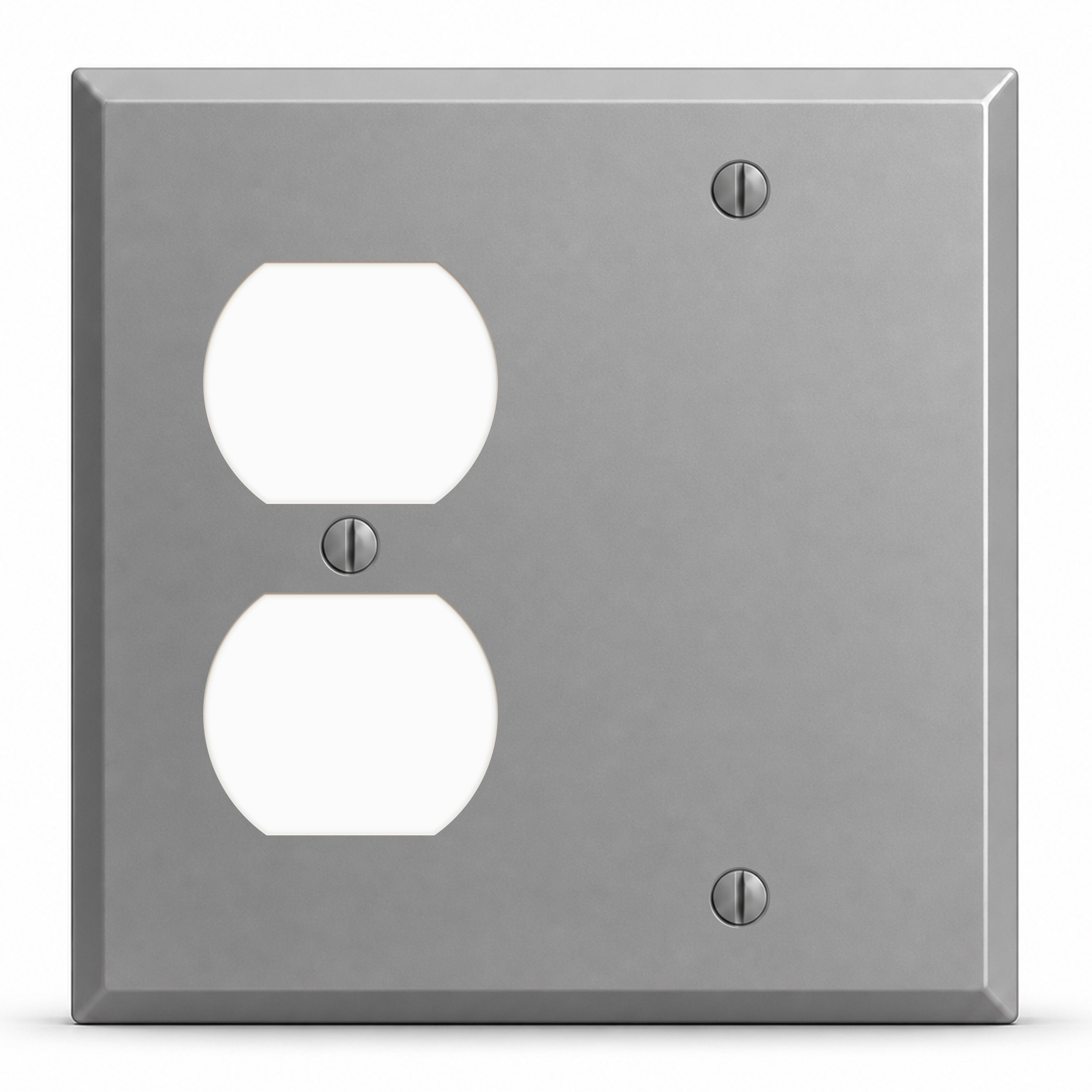 2-Gang, Standard Size, 1 Duplex Opening, 1 Blank Opening, Gray Semi-Gloss Finish, Painted Metal Wall Plate Outlet Cover - Made in USA