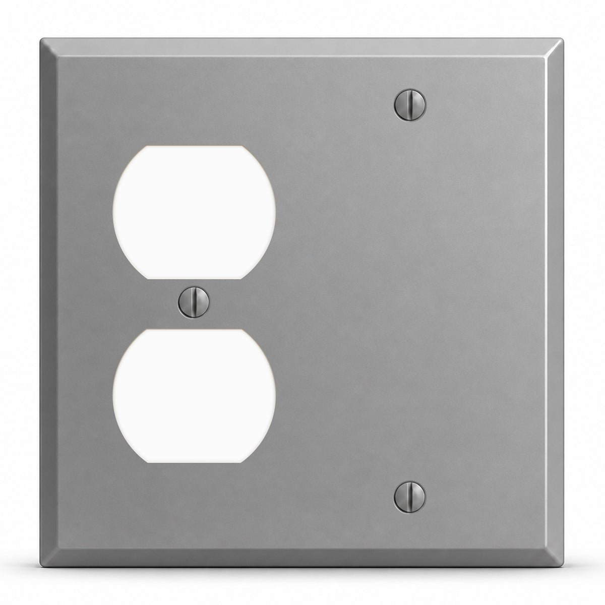 2-Gang, Standard Size, 1 Duplex Opening, 1 Blank Opening, Gray Semi-Gloss Finish, Painted Metal Wall Plate Outlet Cover - Made in USA