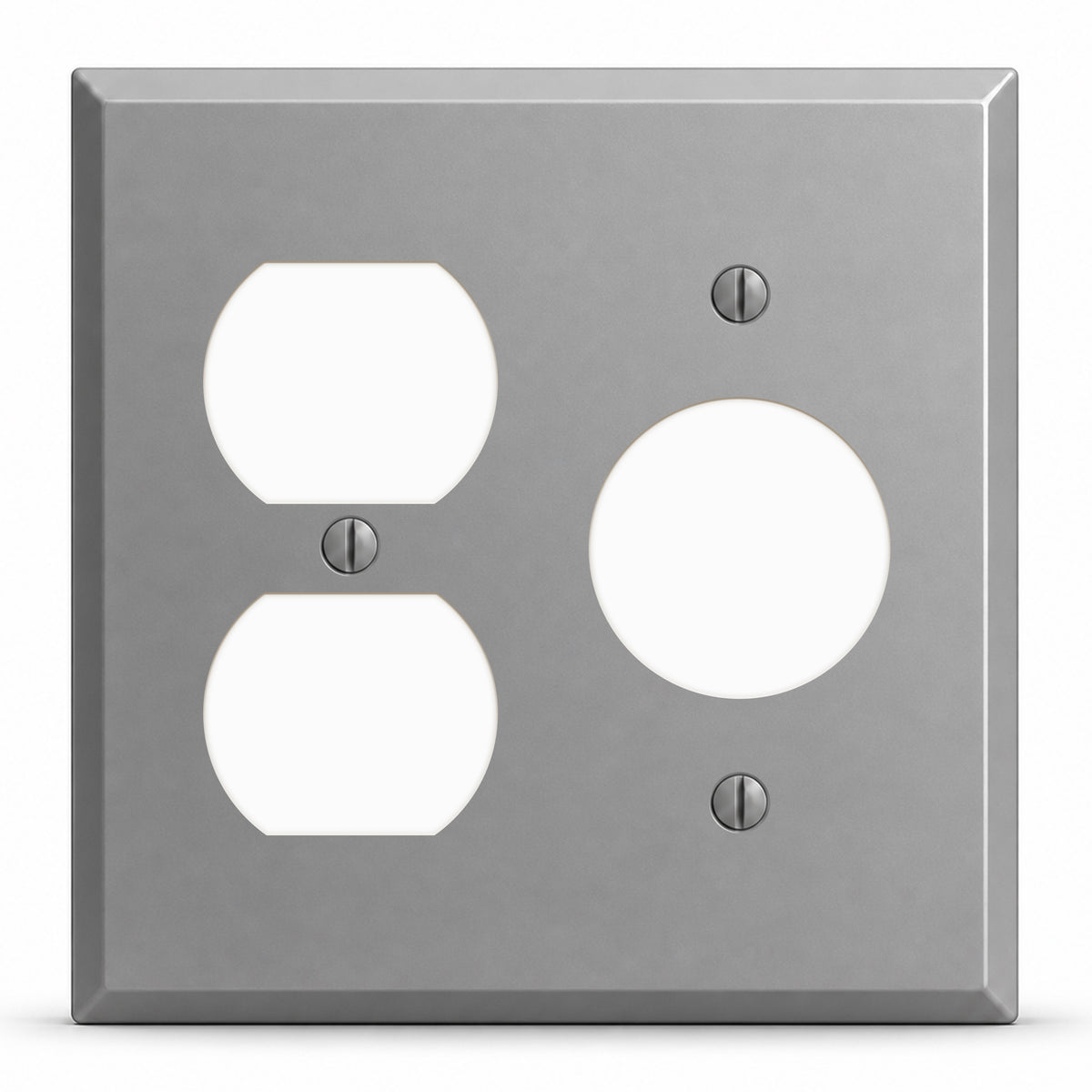 2-Gang, Standard Size, 1 Duplex, 1 Single Receptacle Opening (1.405 in. ID), Gray Semi-Gloss Finish, Painted Metal Wall Plate Outlet Cover - Made in USA