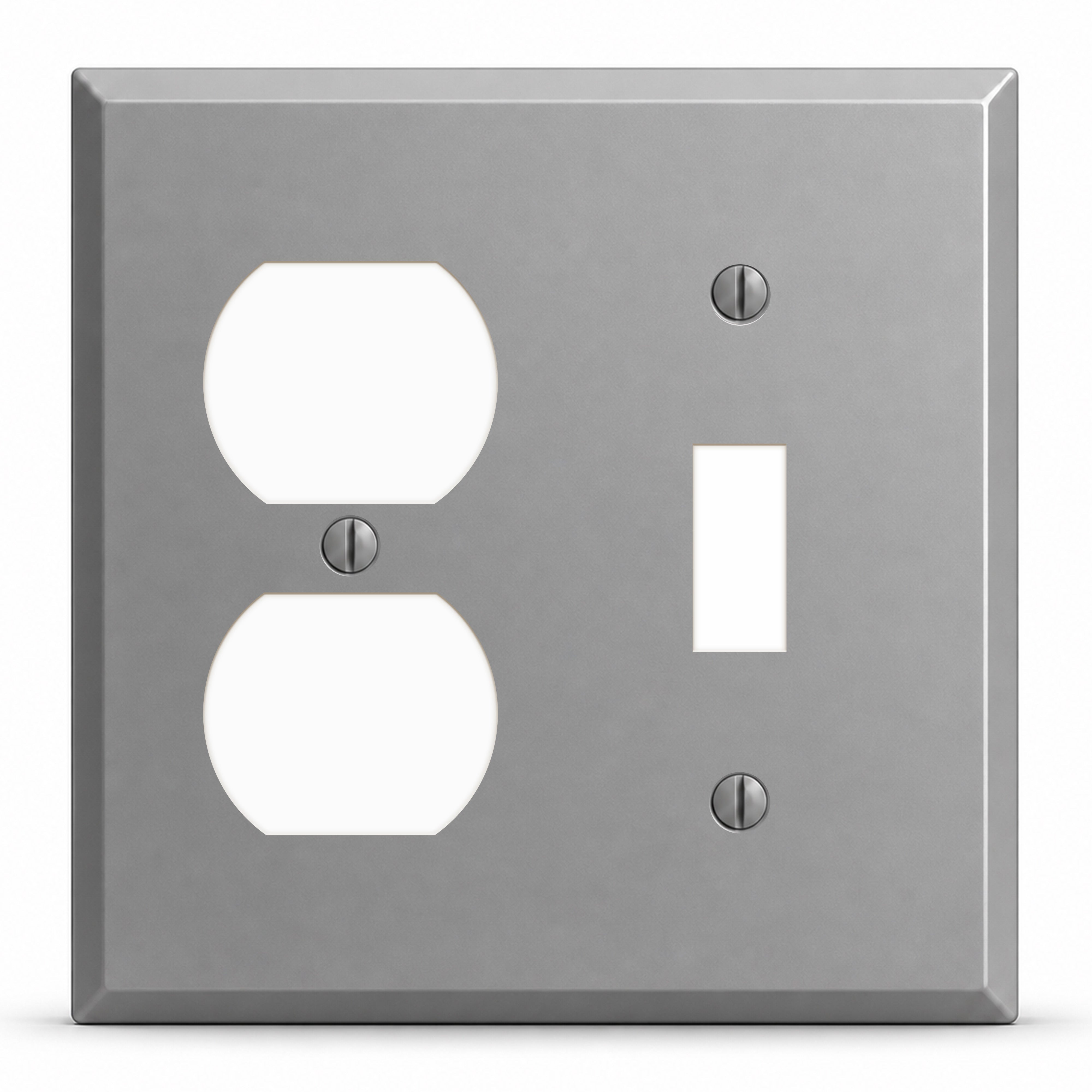 2-Gang, Standard Size, 1 Toggle Switch Opening, 1 Duplex Opening, Gray Semi-Gloss Finish, Painted Metal Wall Plate Outlet Cover - Made in USA
