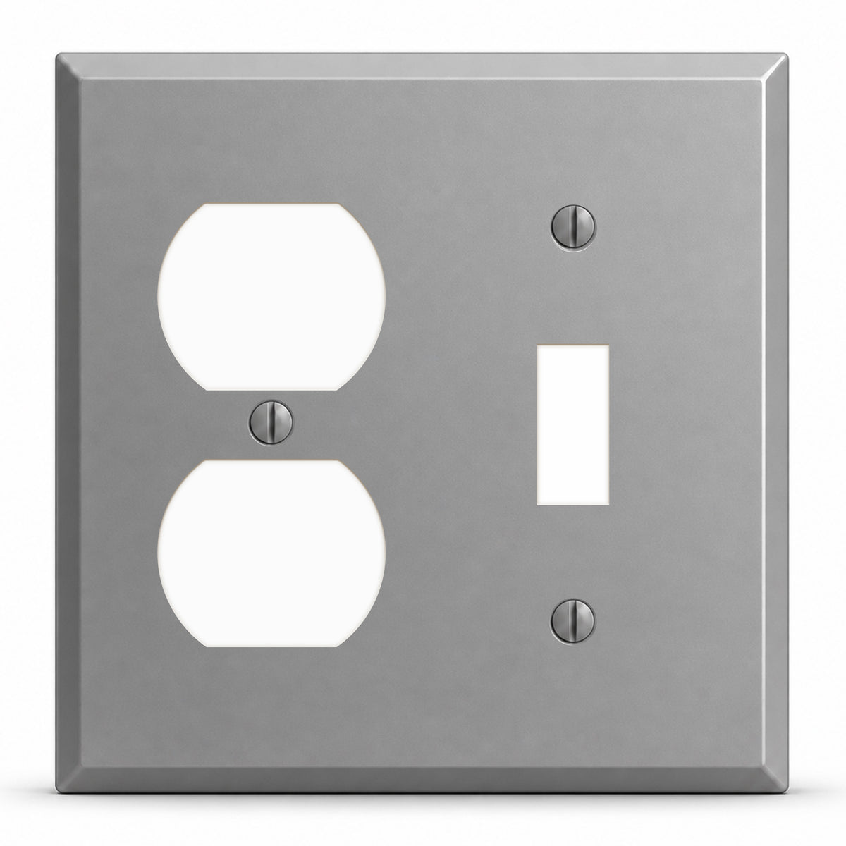2-Gang, Standard Size, 1 Toggle Switch Opening, 1 Duplex Opening, Gray Semi-Gloss Finish, Painted Metal Wall Plate Outlet Cover - Made in USA