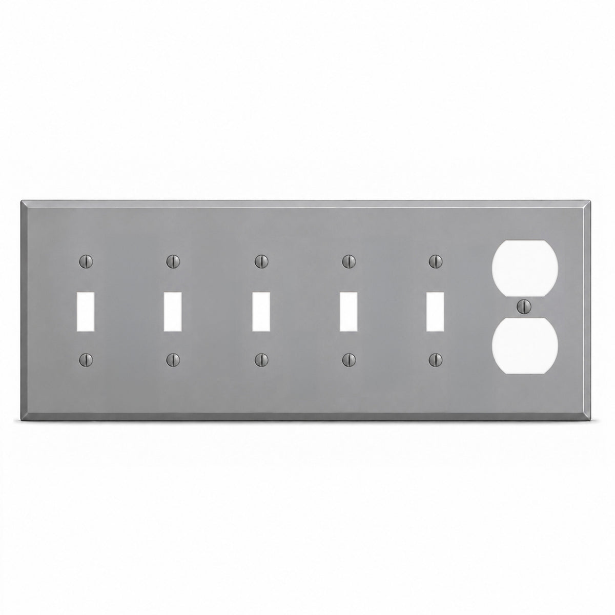 6-Gang, Standard Size, 5 Toggle Switch, 1 Duplex Opening, Gray Semi-Gloss Finish, Painted Metal Wall Plate Outlet Cover - Made in USA