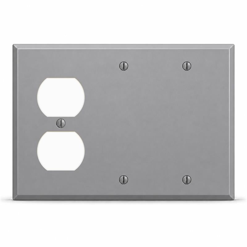 3-Gang, Standard Size, 1 Duplex, 2 Blank Openings, Gray Semi-Gloss Finish, Painted Metal Wall Plate Outlet Cover - Made in USA