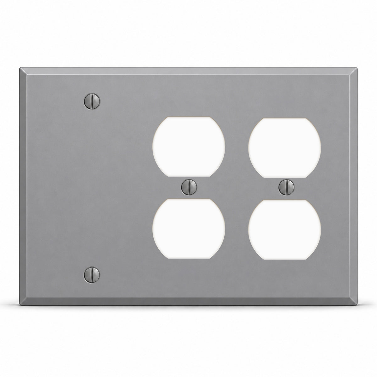3-Gang, Standard Size, 1 Blank and 2 Duplex Receptacles, Gray Semi-Gloss Finish, Painted Metal Wall Plate Outlet Cover - Made in USA