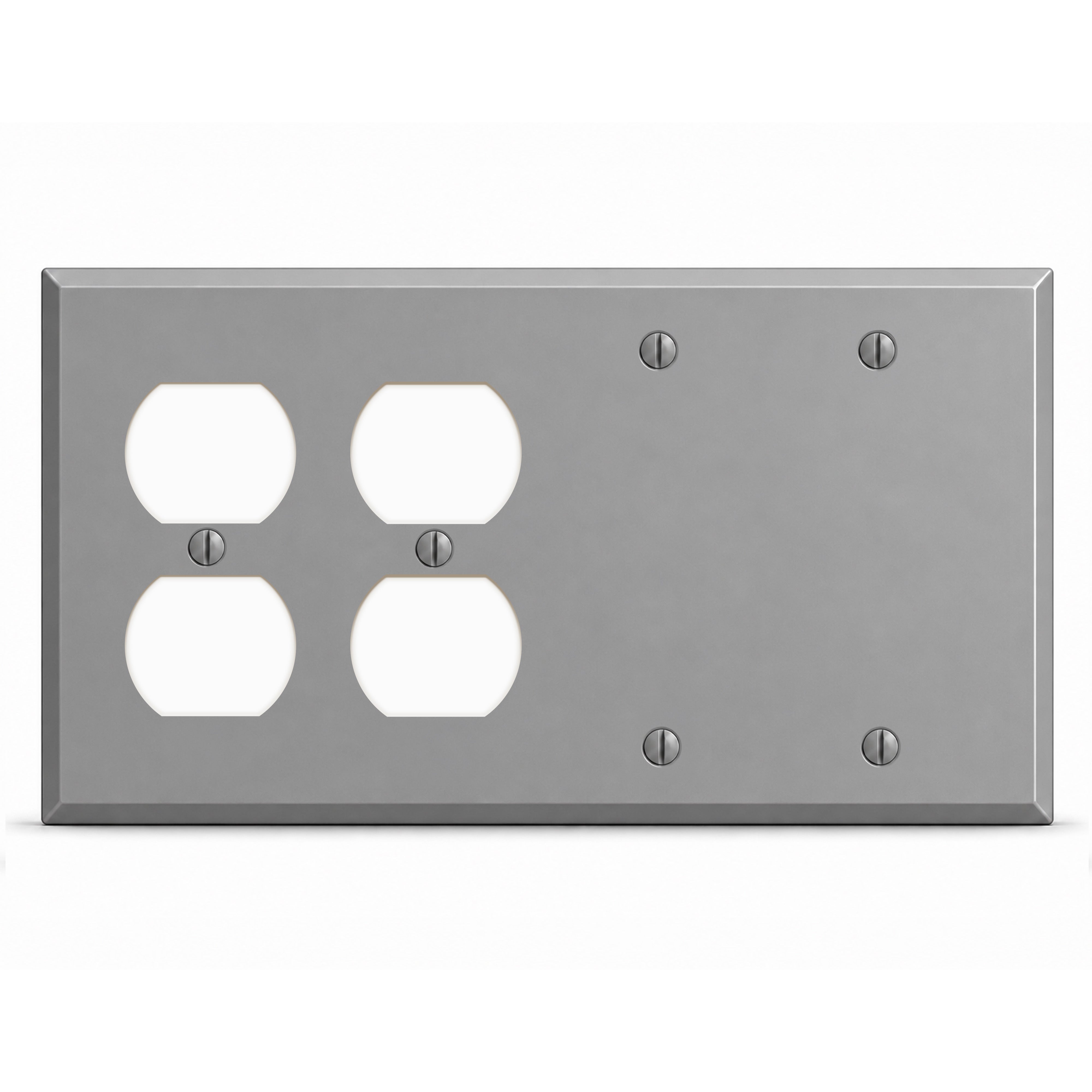 4-Gang, Standard Size, 2 Duplex Receptacles and 2 Blank, Gray Semi-Gloss Finish, Painted Metal Wall Plate Outlet Cover - Made in USA