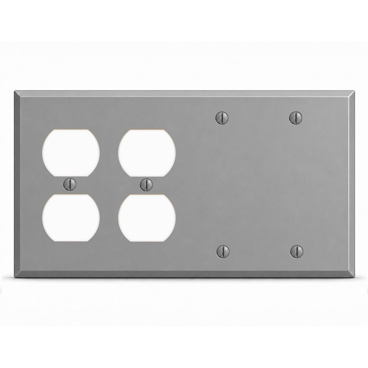 4-Gang, Standard Size, 2 Duplex Receptacles and 2 Blank, Gray Semi-Gloss Finish, Painted Metal Wall Plate Outlet Cover - Made in USA