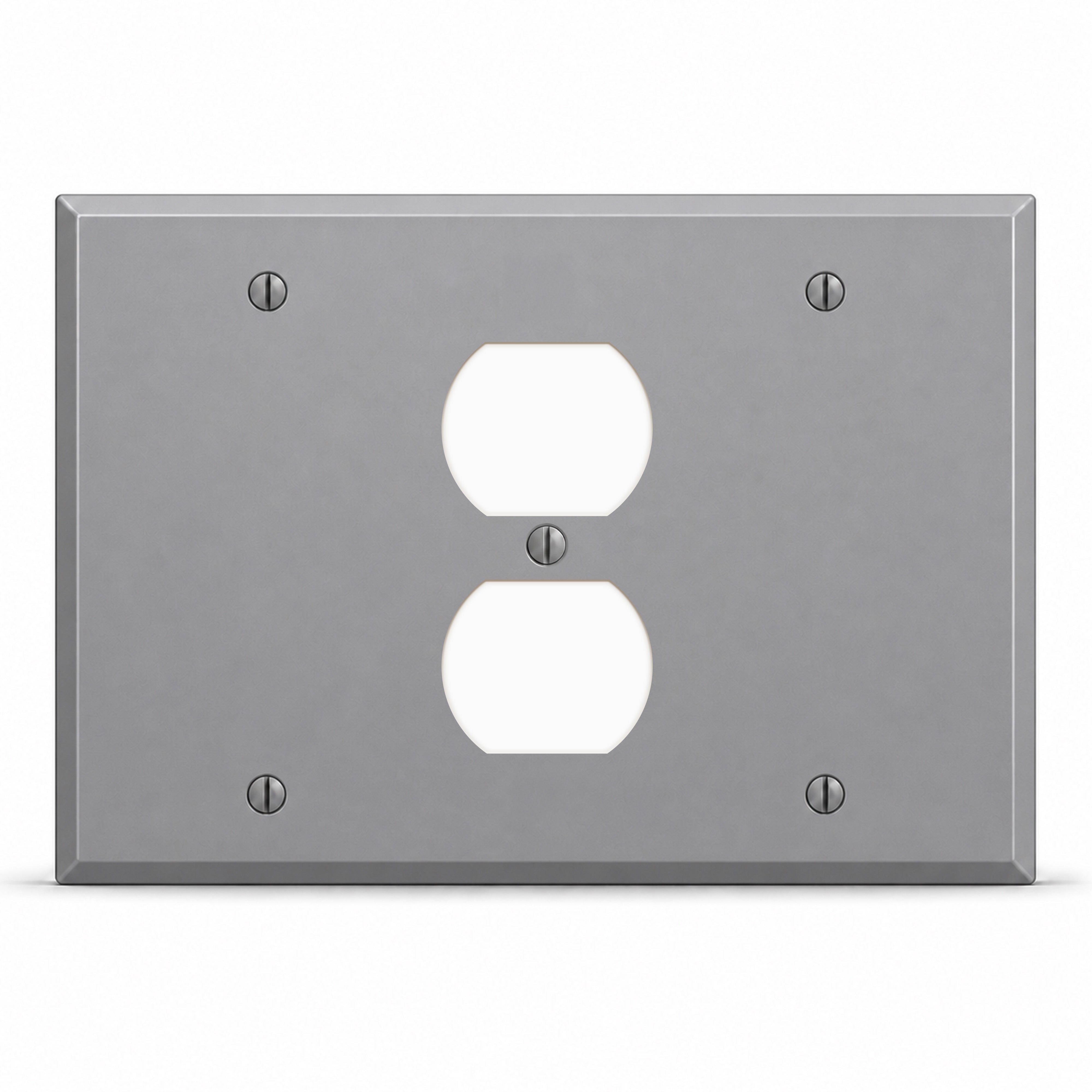 3-Gang, Standard Size, 1 Blank, 1 Duplex, 1 Blank, Gray Semi-Gloss Finish, Painted Metal Wall Plate Outlet Cover - Made in USA