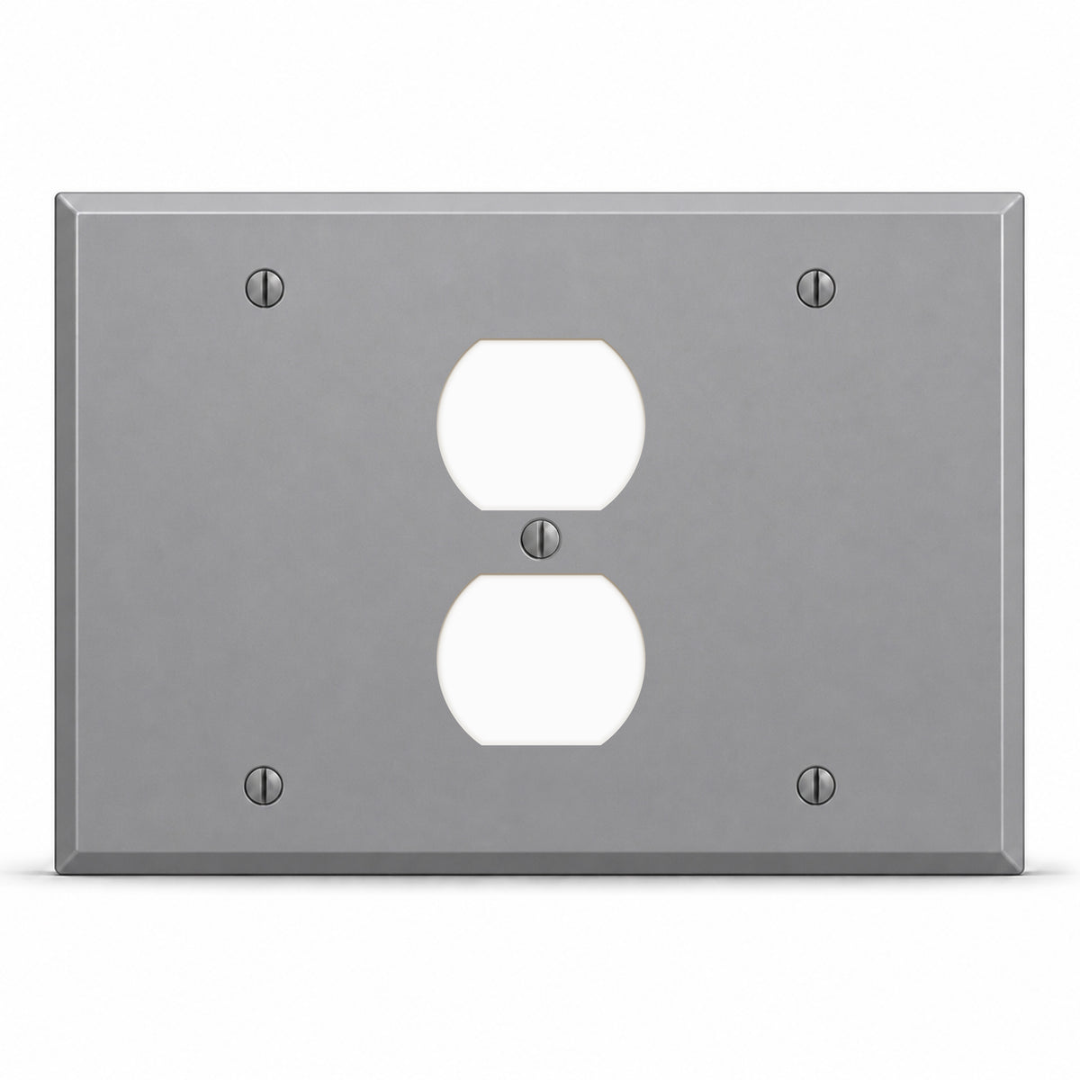 3-Gang, Standard Size, 1 Blank, 1 Duplex, 1 Blank, Gray Semi-Gloss Finish, Painted Metal Wall Plate Outlet Cover - Made in USA