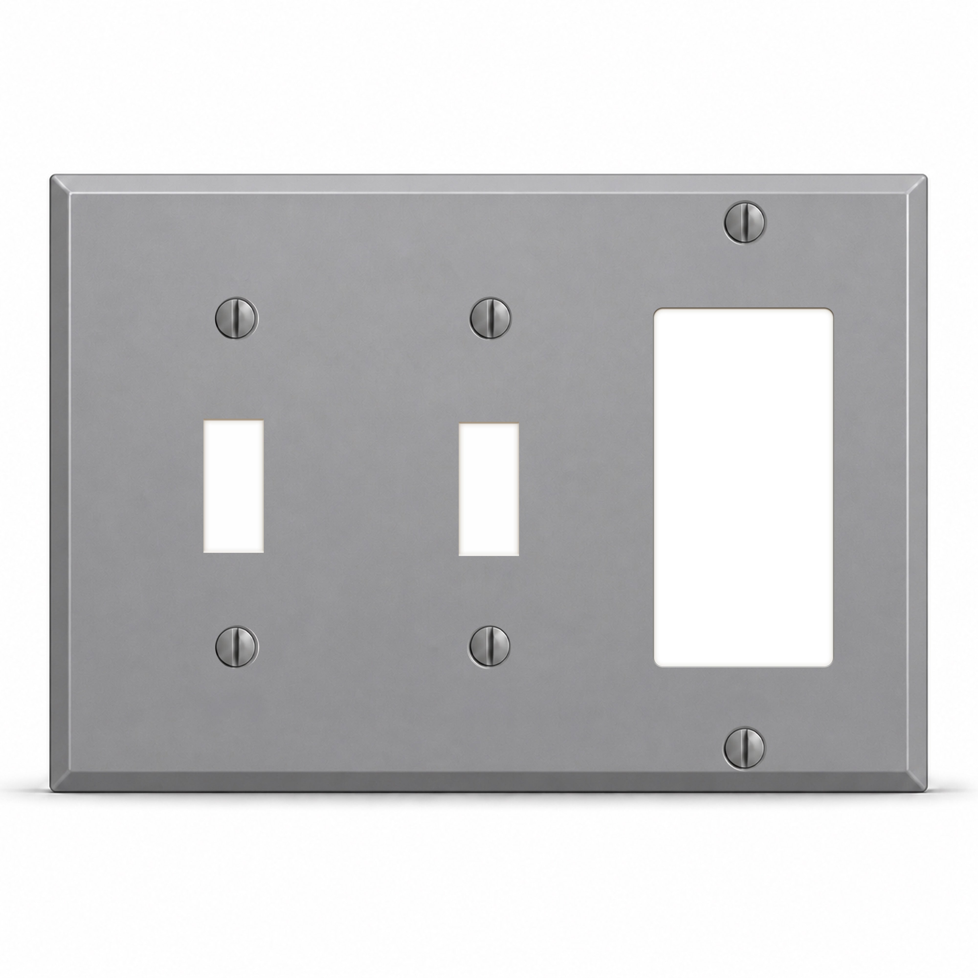 3-Gang, Standard Size, 2 Toggle Switches and 1 Block Duplex /GFI, Gray Semi-Gloss Finish, Painted Metal Wall Plate Outlet Cover - Made in USA