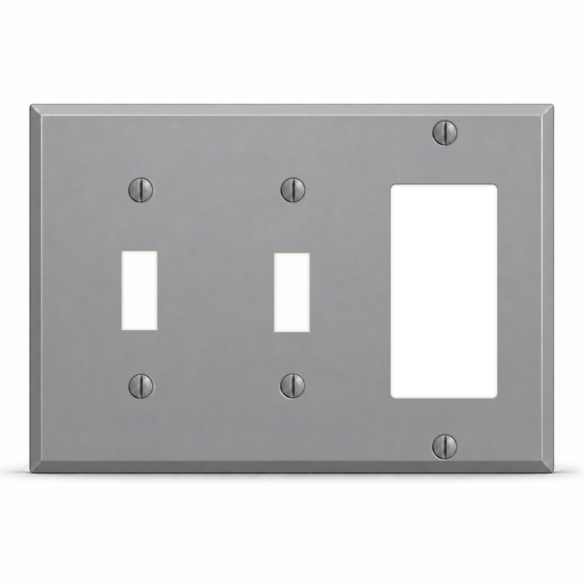 3-Gang, Standard Size, 2 Toggle Switches and 1 Block Duplex /GFI, Gray Semi-Gloss Finish, Painted Metal Wall Plate Outlet Cover - Made in USA