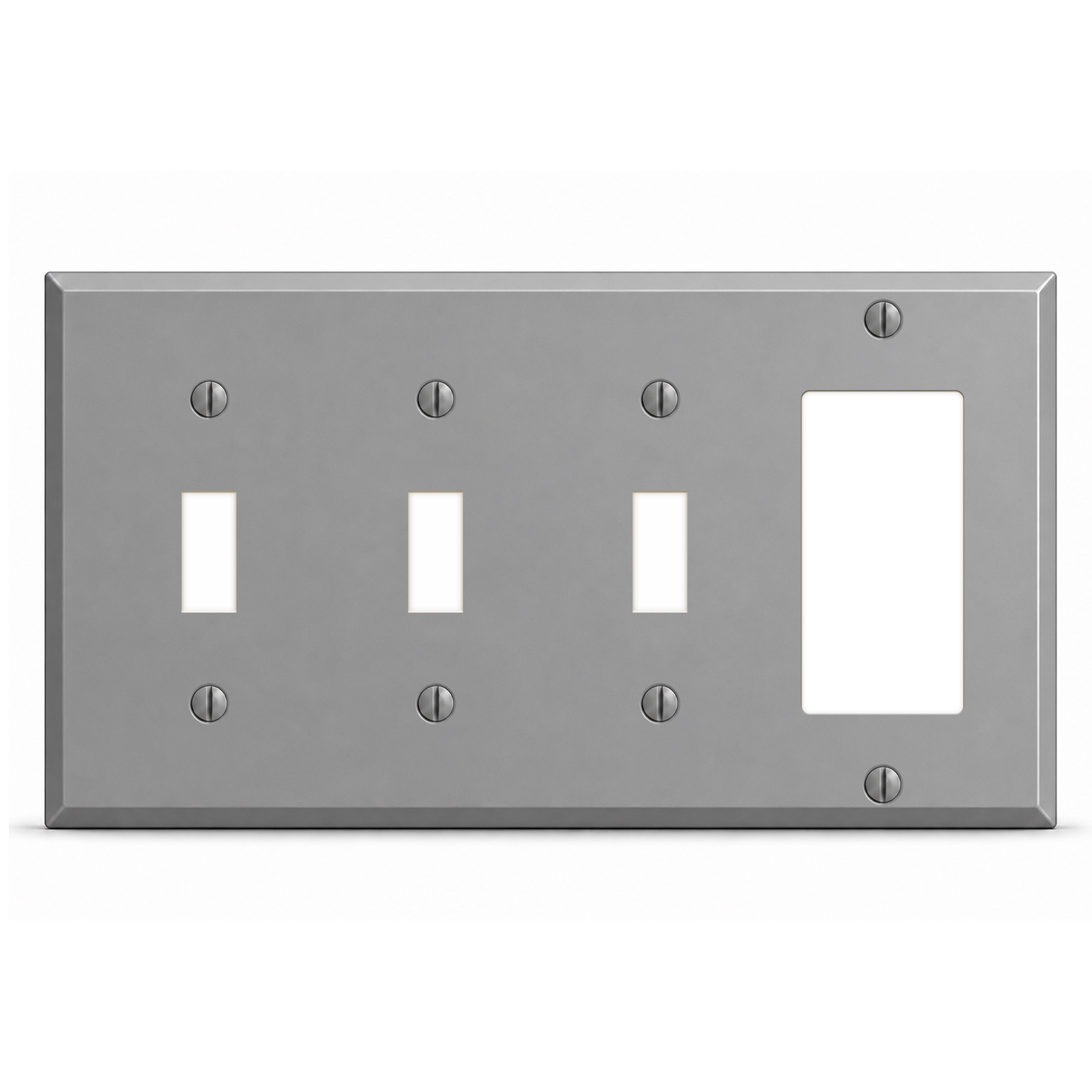 4-Gang, Standard Size, 3 Toggle Switches and 1 GFI Opening, Gray Semi-Gloss Finish, Painted Metal Wall Plate Outlet Cover - Made in USA