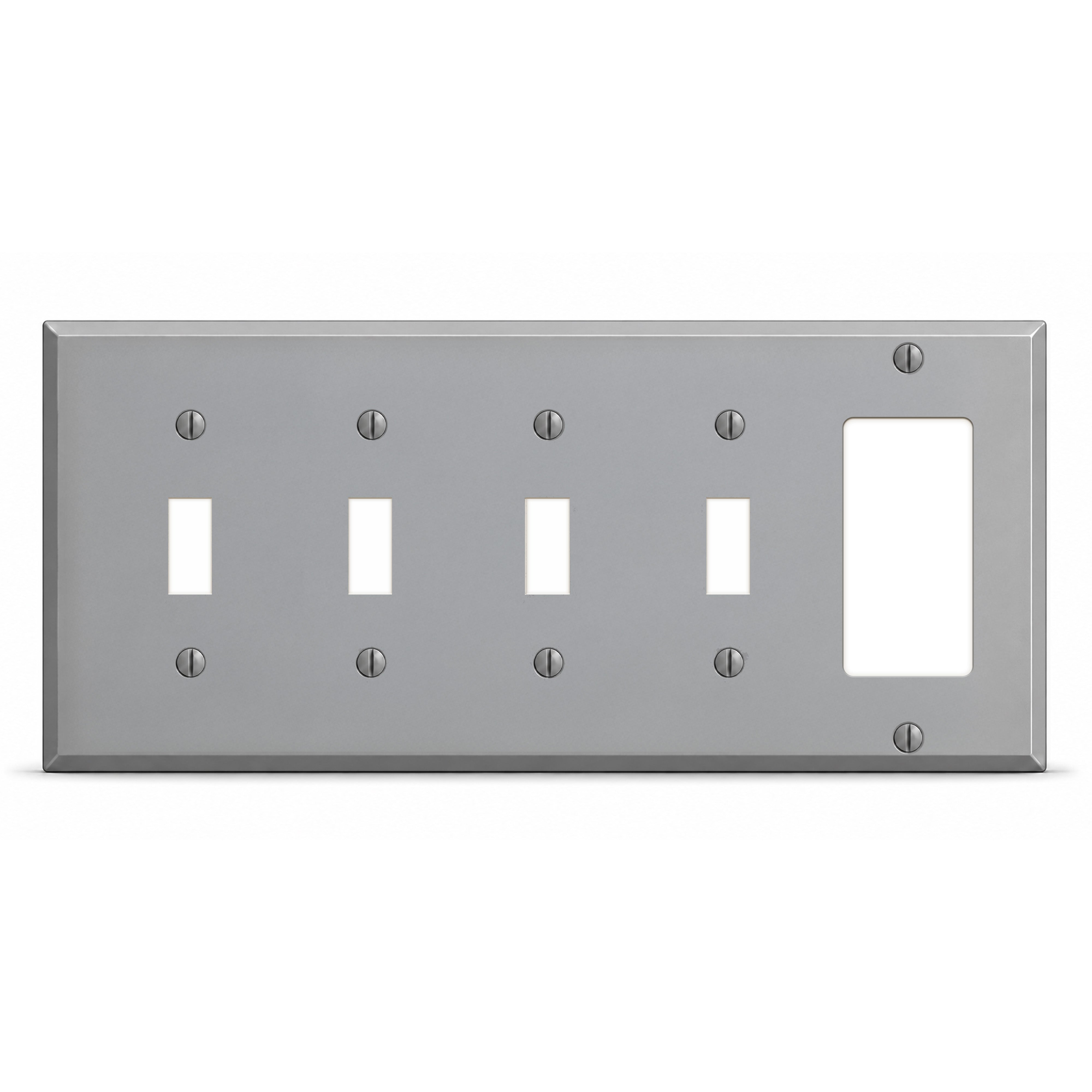 5-Gang, Standard Size, 4 Toggle Switches and 1 GFI Opening, Gray Semi-Gloss Finish, Painted Metal Wall Plate Outlet Cover - Made in USA
