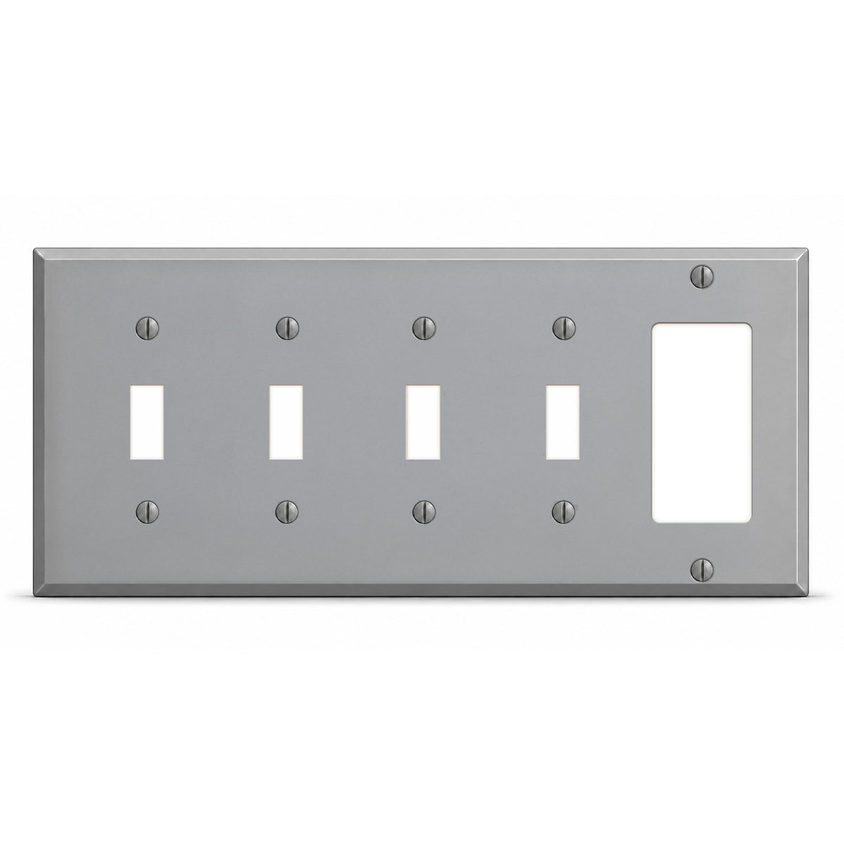 5-Gang, Standard Size, 4 Toggle Switches and 1 GFI Opening, Gray Semi-Gloss Finish, Painted Metal Wall Plate Outlet Cover - Made in USA